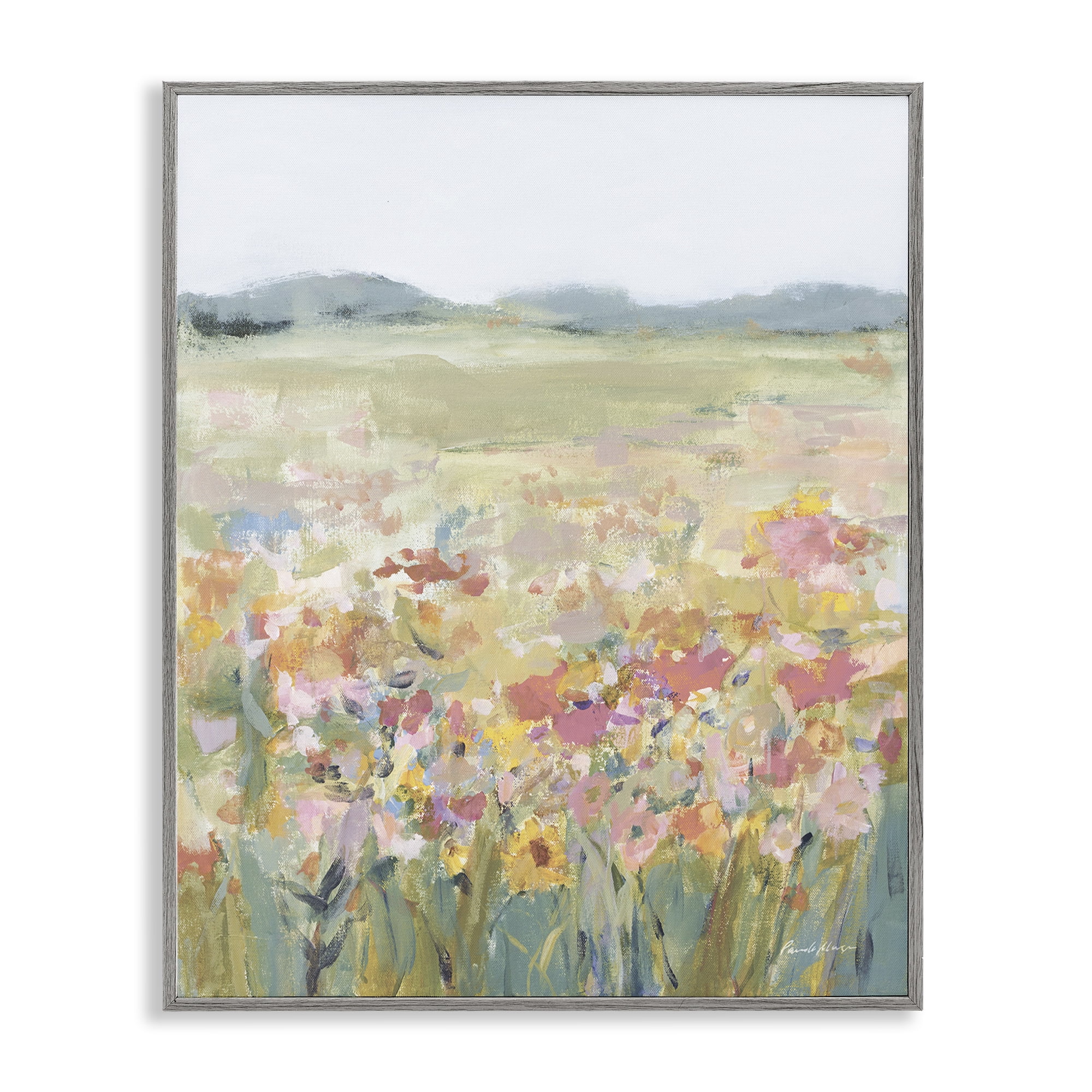 Stupell Industries Soft Wildflower Meadow Landscape Painting Gray Framed Art Print Wall Art, 16 x 20