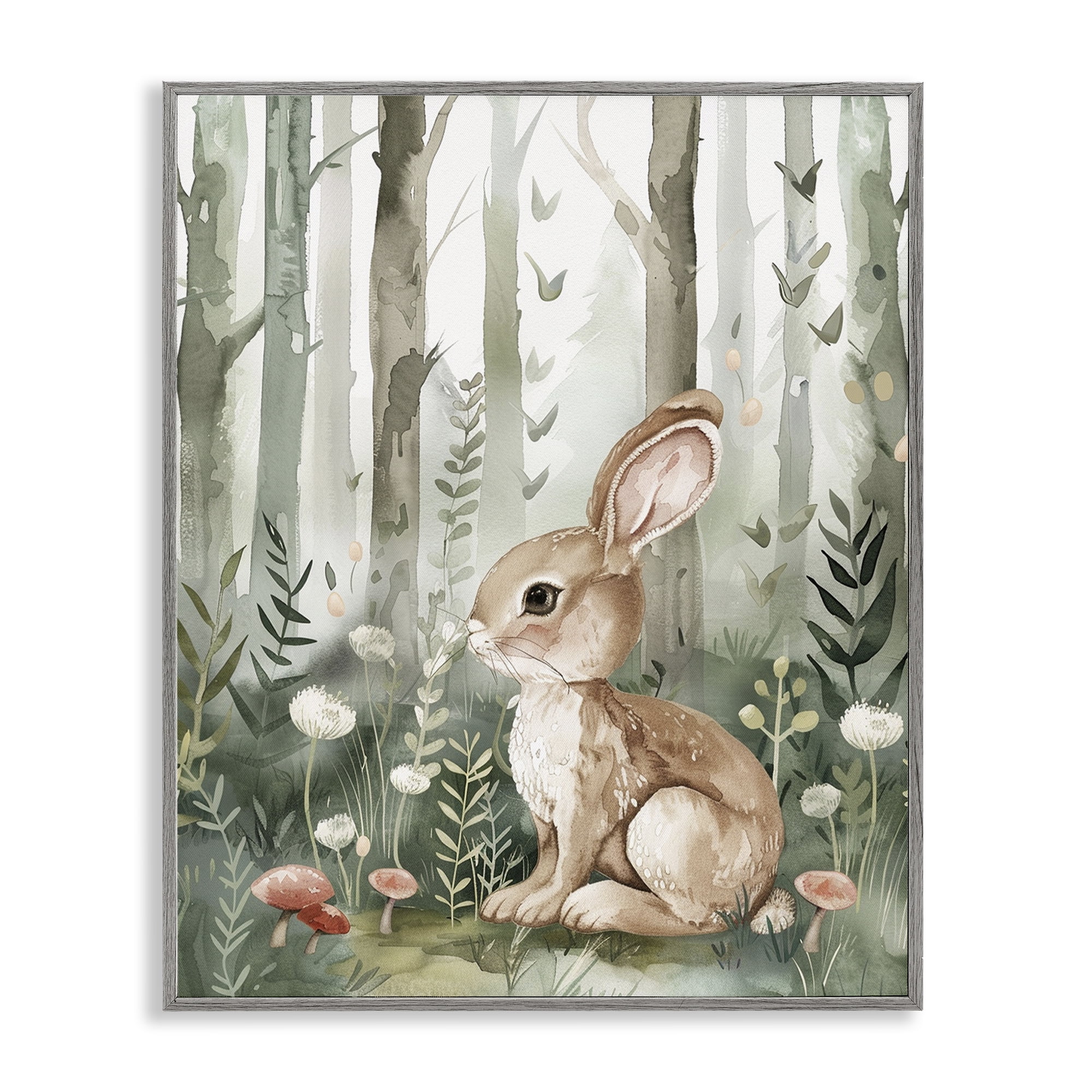Stupell Industries Soft Woodland Bunny Landscape & Nature Painting Gray Framed Art Print Wall Art, 16 x 20