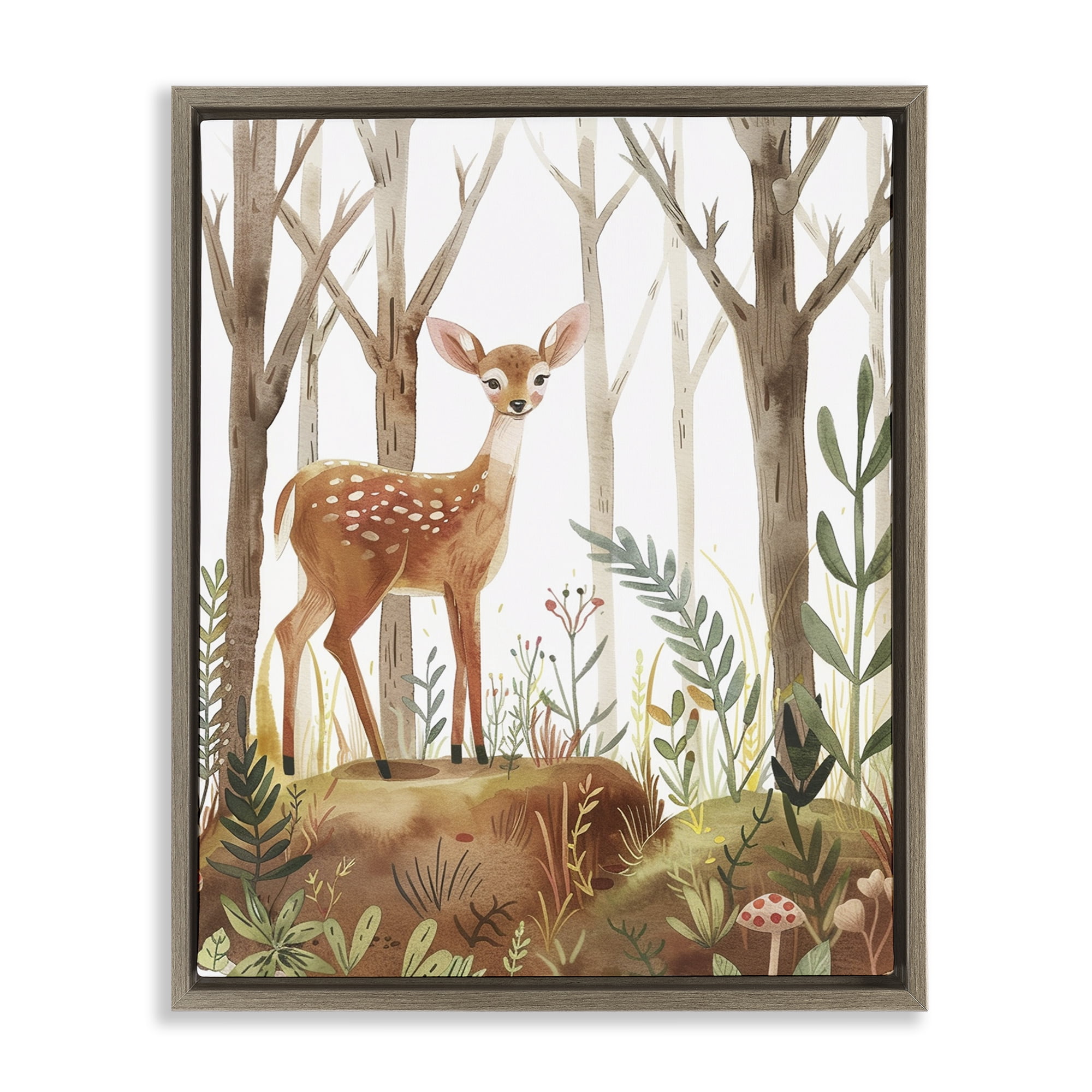 Stupell Industries Soft Woodland Deer Landscape & Nature Painting Brown Floater Framed Canvas Art Print Wall Art, 25 x 31