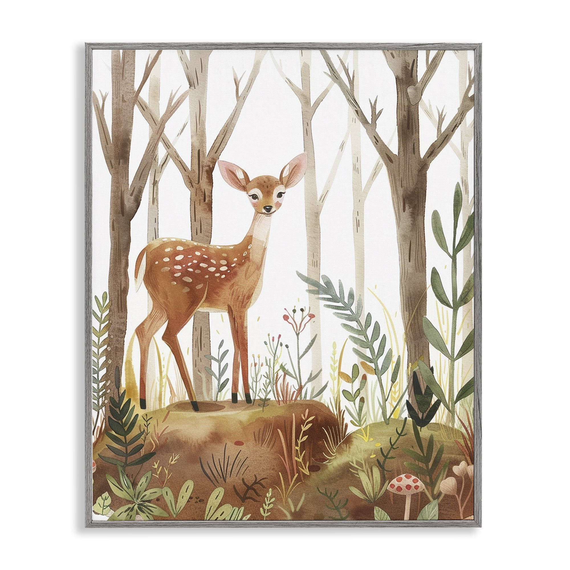 Stupell Industries Soft Woodland Deer Landscape & Nature Painting Gray Framed Art Print Wall Art, 24 x 30