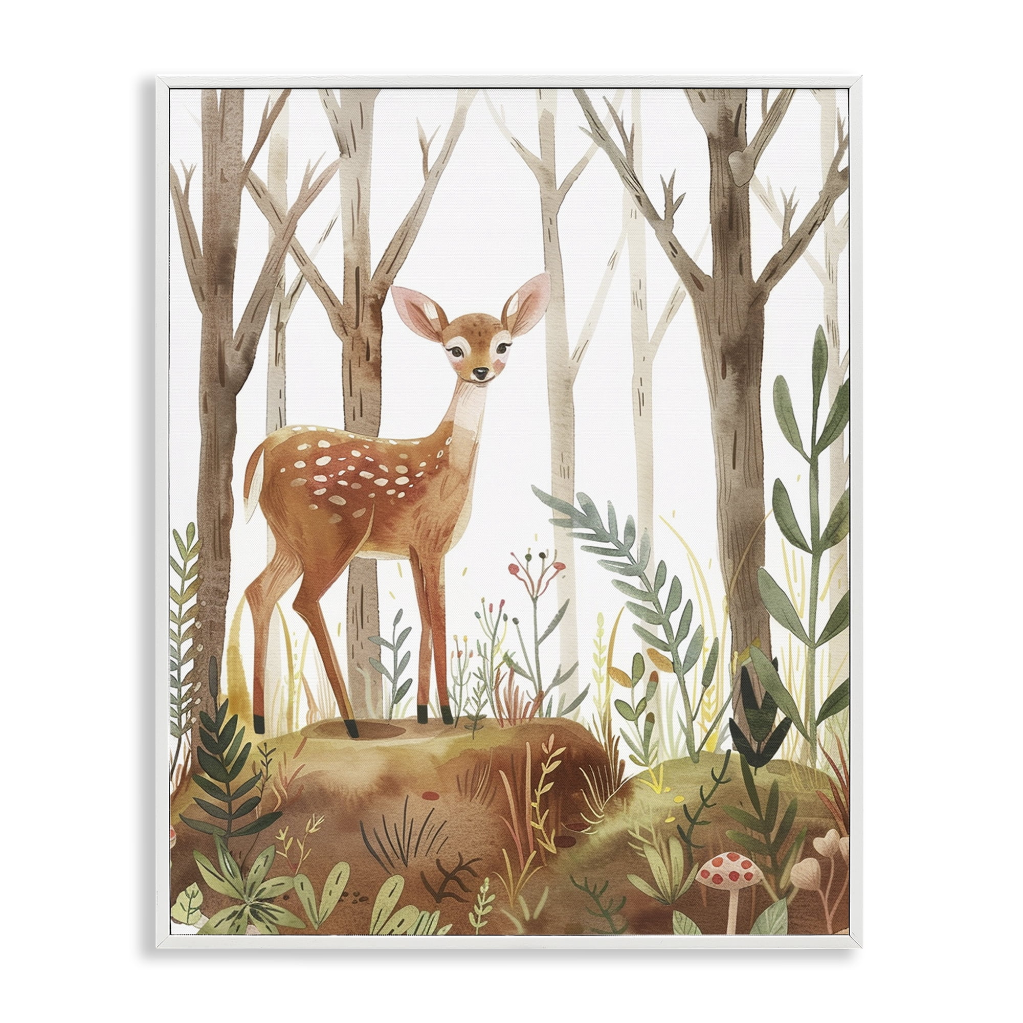 Stupell Industries Soft Woodland Deer Landscape & Nature Painting White Framed Art Print Wall Art, 24 x 30
