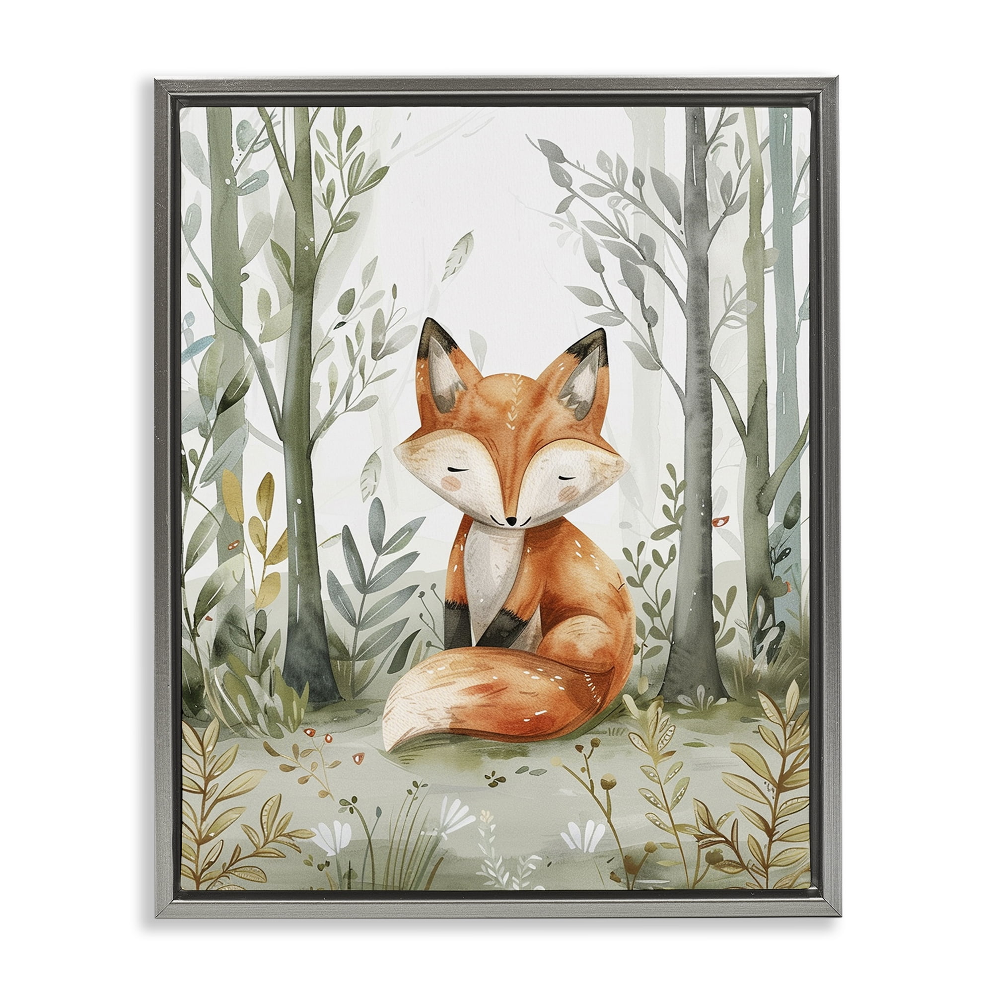 Stupell Industries Soft Woodland Fox Landscape & Nature Painting Gray Floater Framed Canvas Art Print Wall Art, 25 x 31