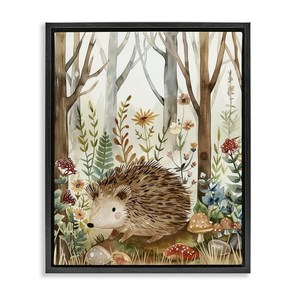 Stupell Industries Soft Woodland Hedgehog Landscape & Nature Painting Black Floater Framed Canvas Art Print Wall Art, 17 x 21