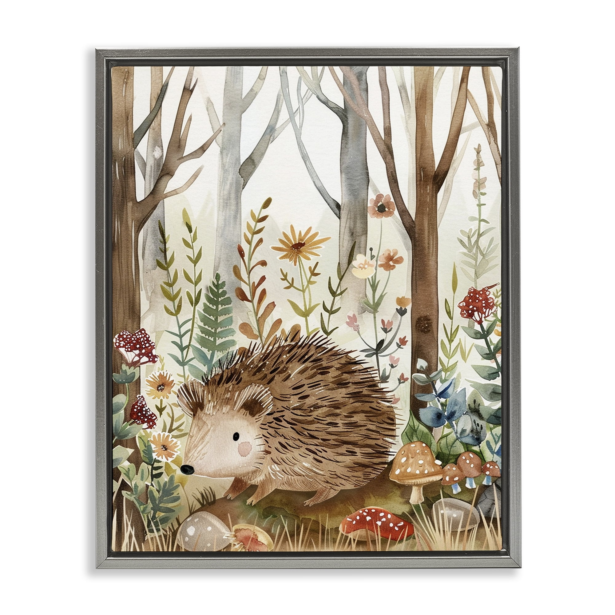 Stupell Industries Soft Woodland Hedgehog Landscape & Nature Painting Gray Floater Framed Canvas Art Print Wall Art, 25 x 31