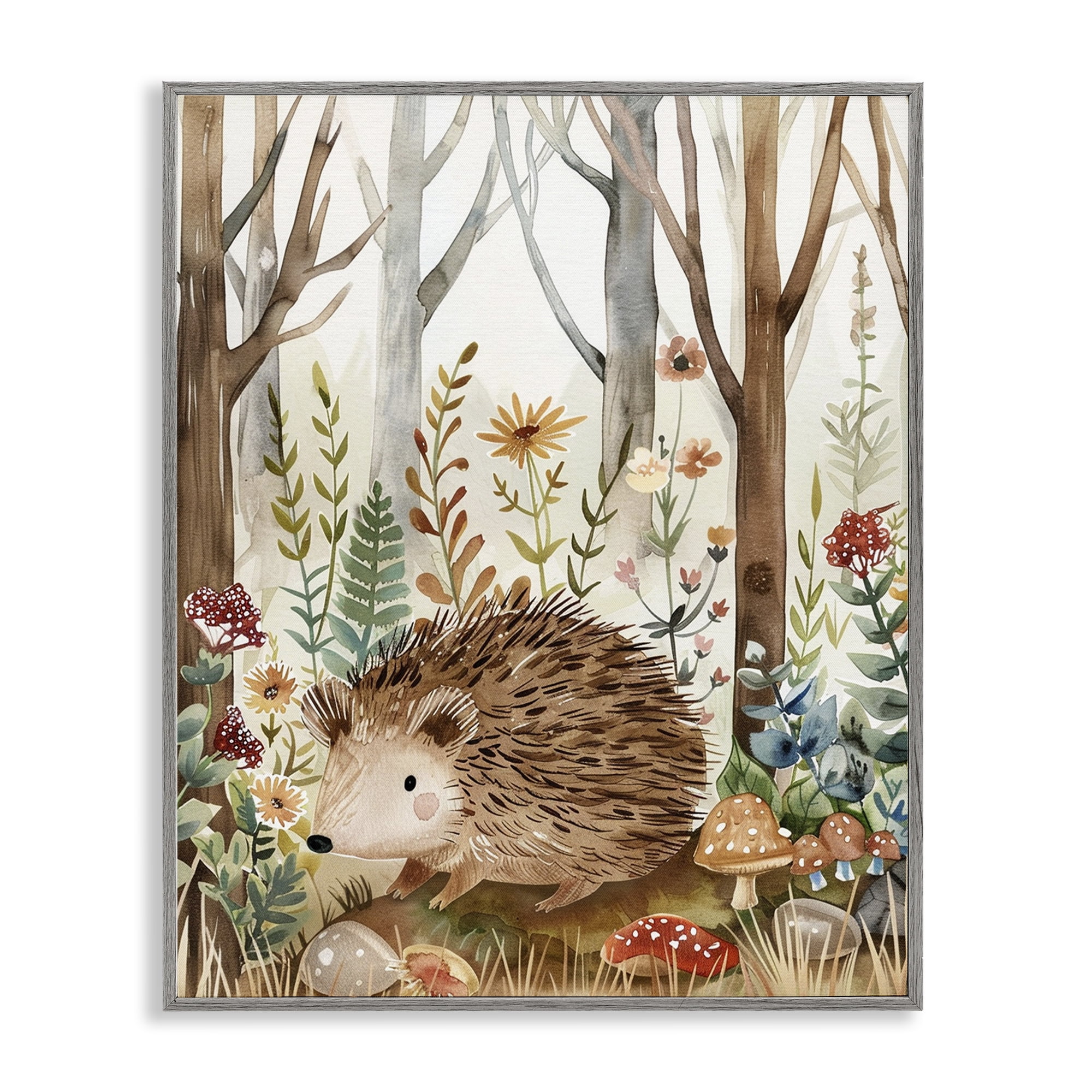 Stupell Industries Soft Woodland Hedgehog Landscape & Nature Painting Gray Framed Art Print Wall Art, 24 x 30