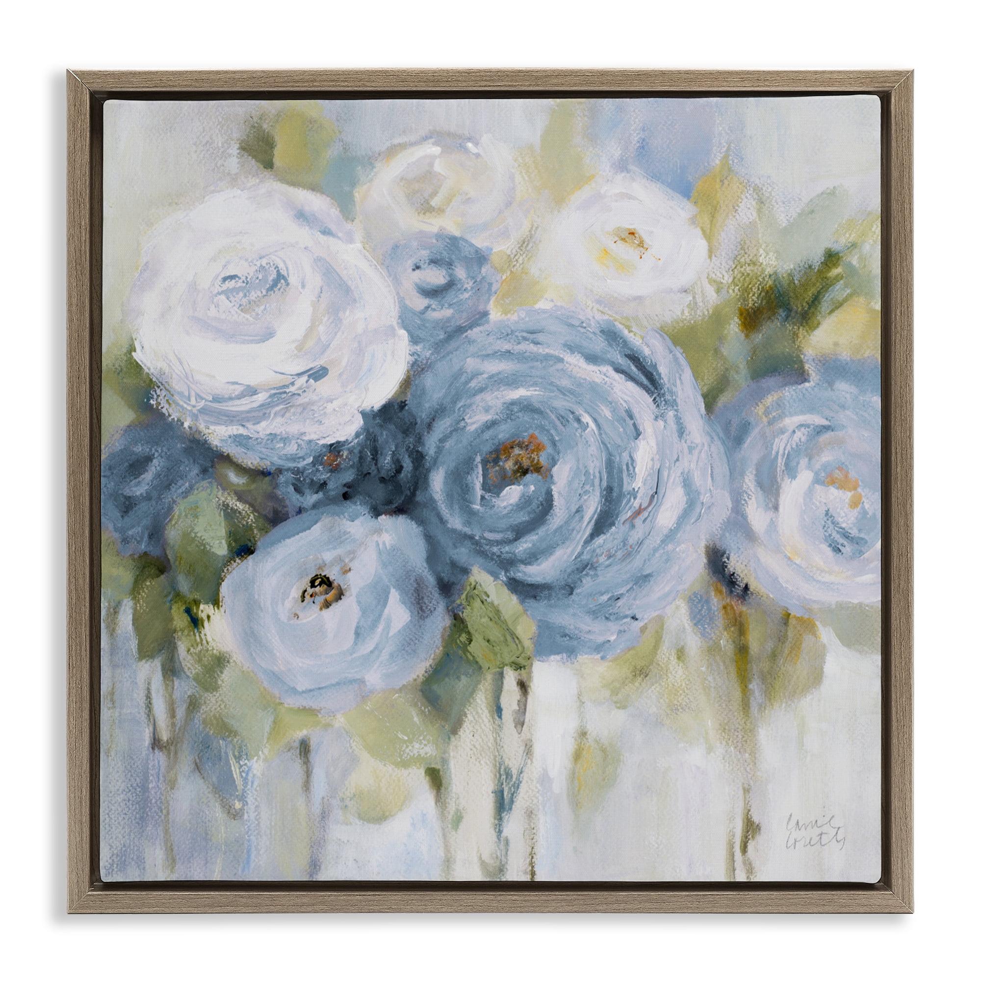 Stupell Industries Softly Blooming In Blues Brown Framed Floater Canvas Wall Art, design by Lanie Loreth