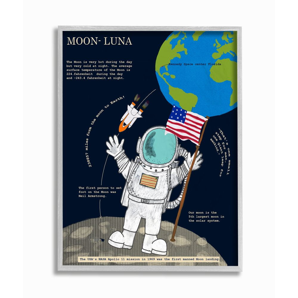 Stupell Industries Solar System Moon Facts Astronaut In Space Framed Wall Art Design by Sangita Bachelet, 16" x 20", Gray Framed