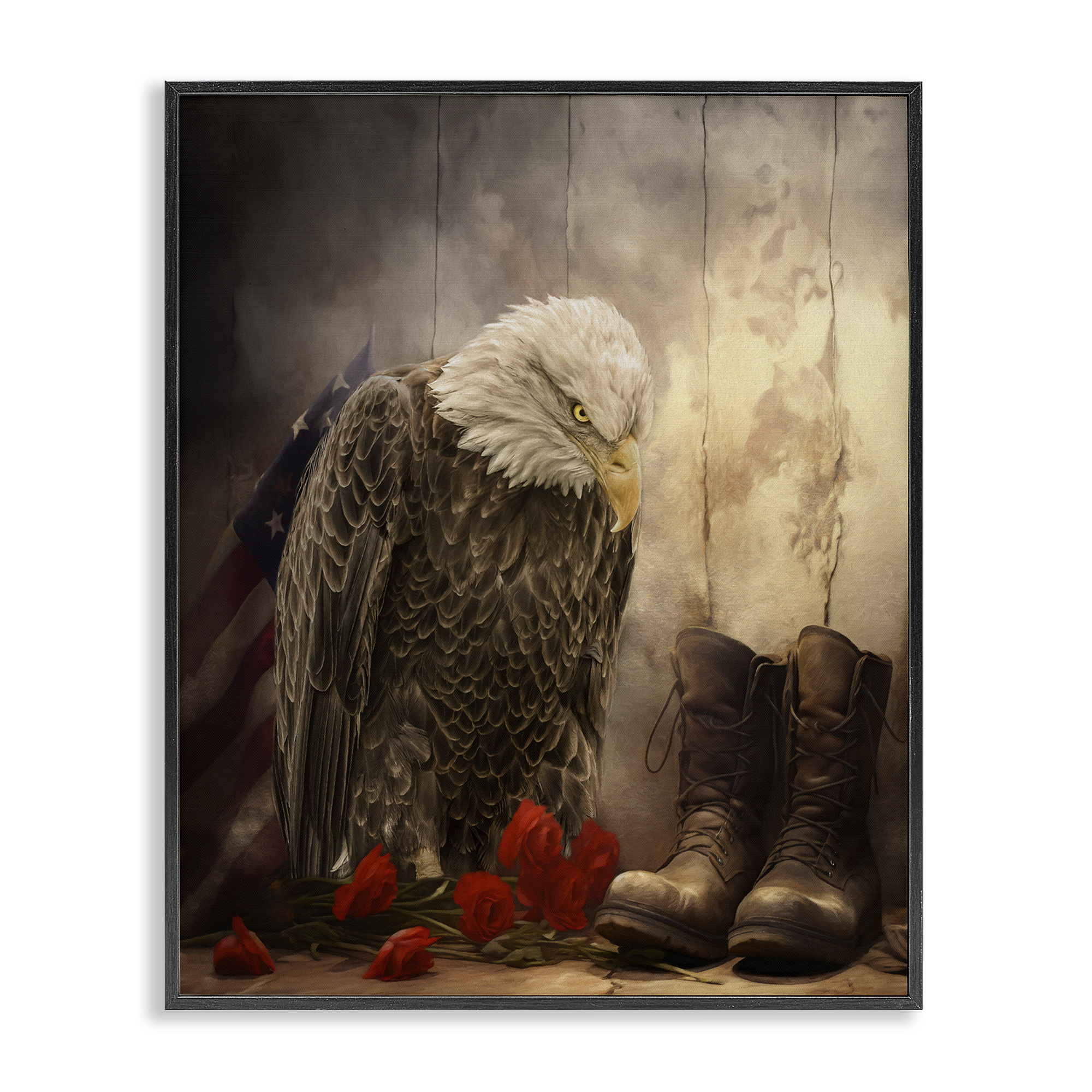 Stupell Industries Solemn Memory Eagle & Roses Black Framed Giclee Art design by Kelley Parker, 14 x 11