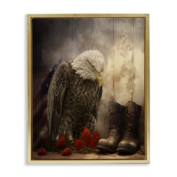 Stupell Industries Solemn Memory Eagle & Roses Gold Framed Floater Canvas Wall Art design by Kelley Parker, 31 x 25