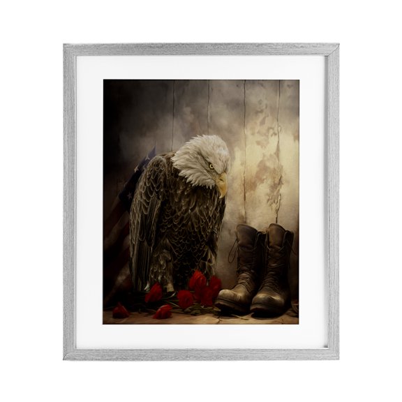 Stupell Industries Solemn Memory Eagle & Roses Gray Framed Print Under Glass design by Kelley Parker, 21 x 17