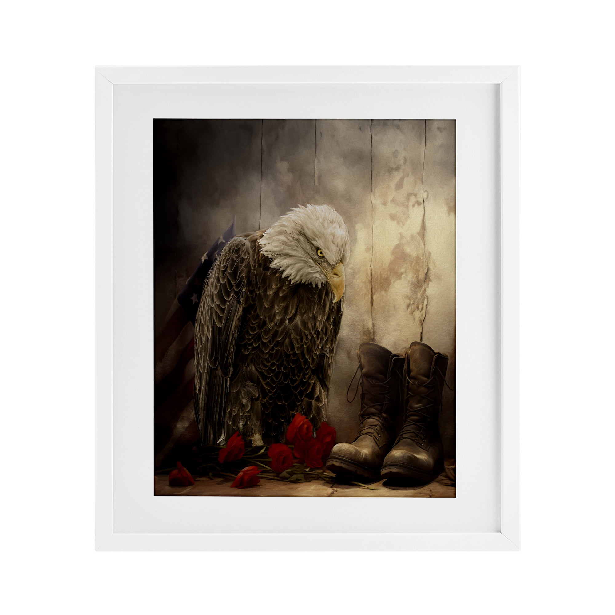 Stupell Industries Solemn Memory Eagle & Roses White Framed Print Under Glass design by Kelley Parker, 21 x 17