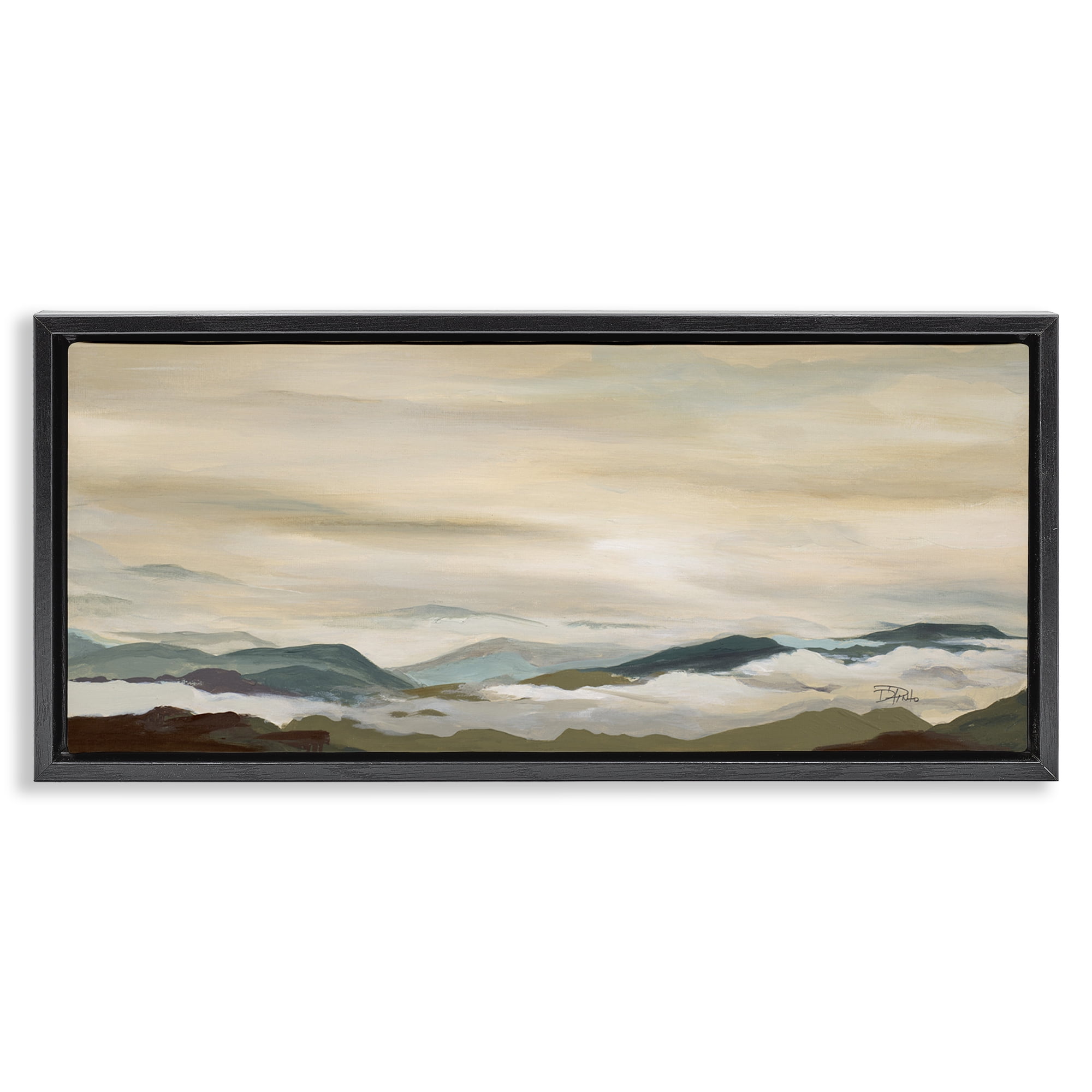 Stupell Industries Solemn Mountains Peeking Landscape Painting Black Floater Framed Canvas Art Print Wall Art, 25 x 11