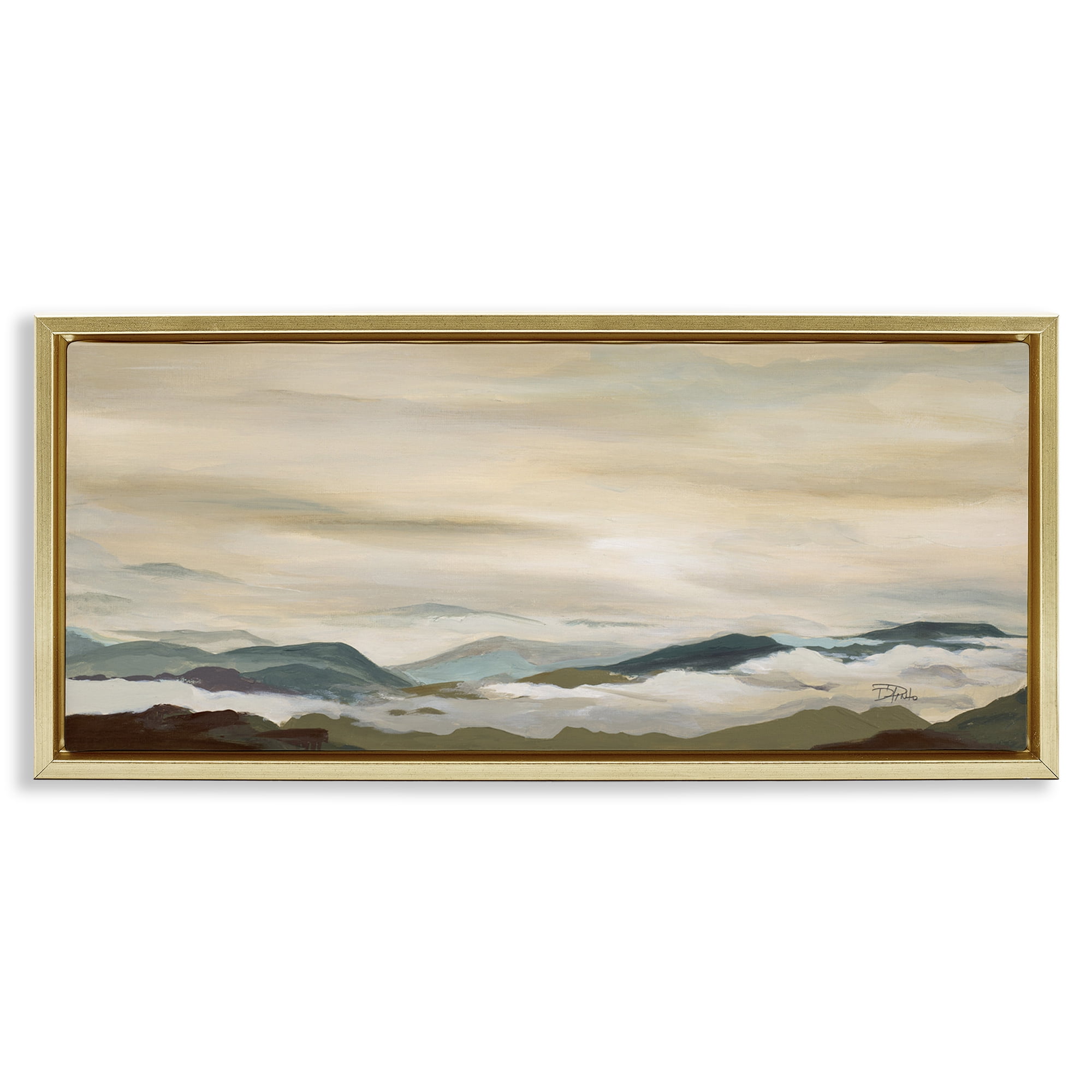 Stupell Industries Solemn Mountains Peeking Landscape Painting Gold Floater Framed Canvas Art Print Wall Art, 31 x 14