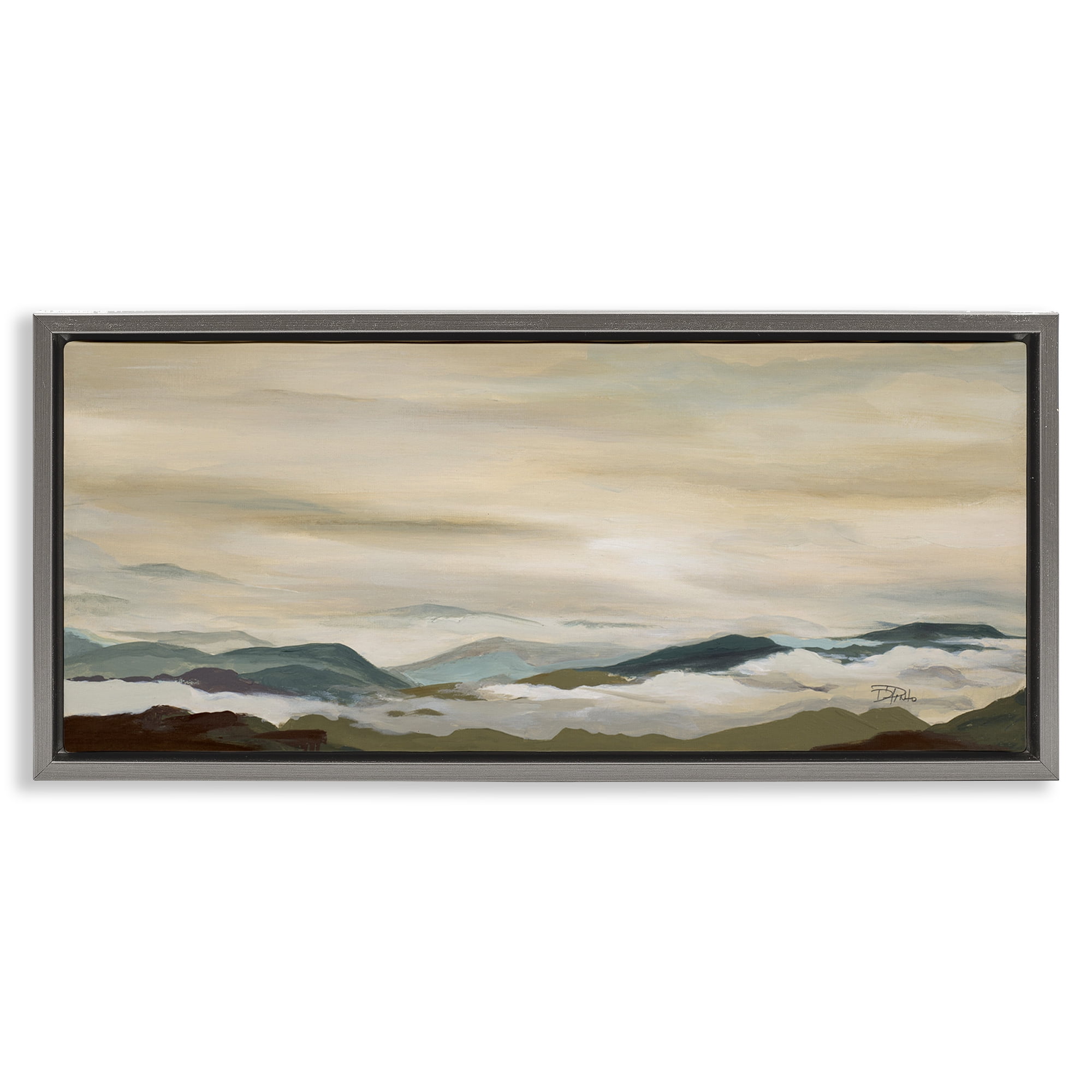 Stupell Industries Solemn Mountains Peeking Landscape Painting Gray Floater Framed Canvas Art Print Wall Art, 31 x 14