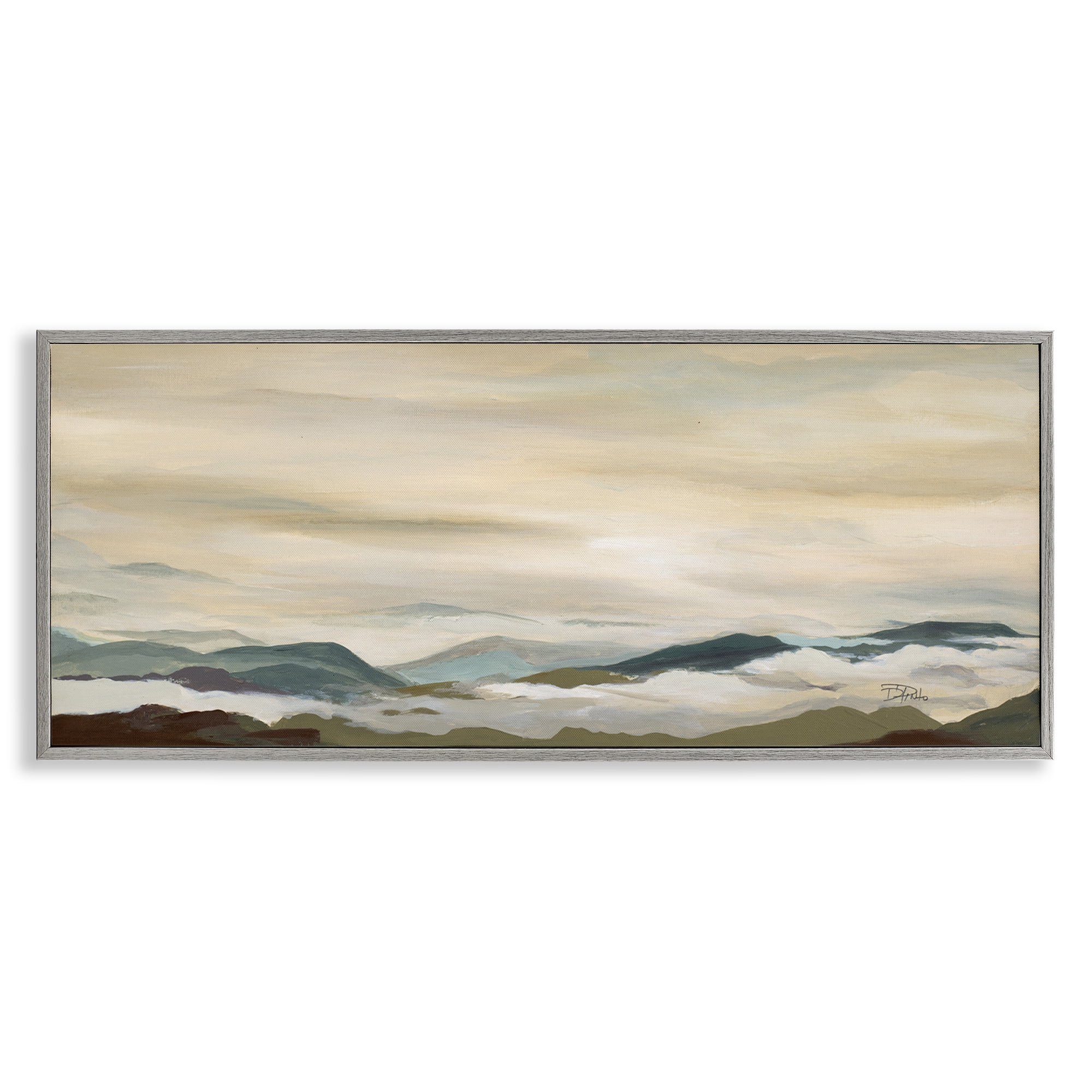 Stupell Industries Solemn Mountains Peeking Landscape Painting Gray Framed Art Print Wall Art, 30 x 13