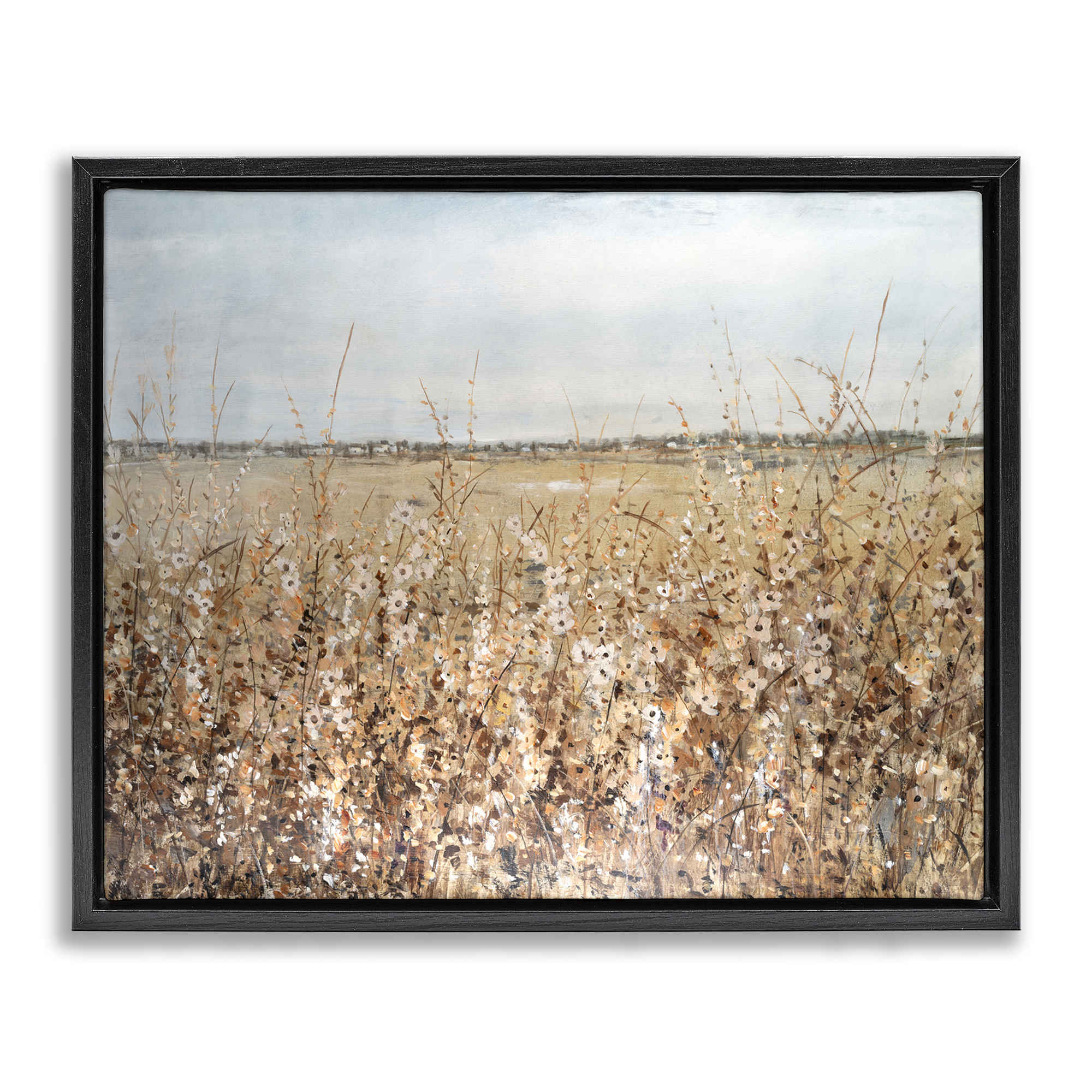 Stupell Industries Solemn Neutral Meadow Landscape & Nature Painting Black Floater Framed Canvas Art Print Wall Art, 21 x 17