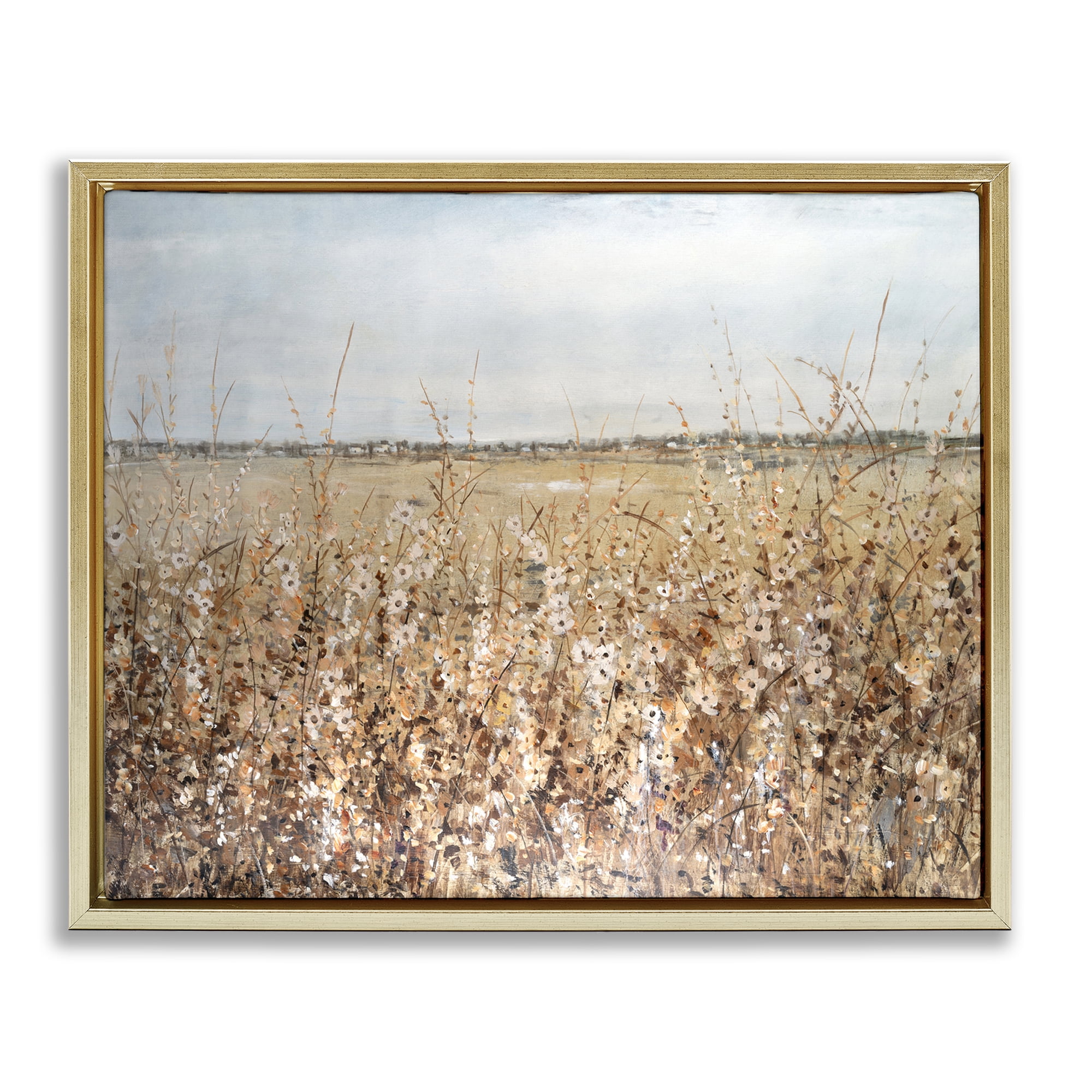 Stupell Industries Solemn Neutral Meadow Landscape & Nature Painting Gold Floater Framed Canvas Art Print Wall Art, 21 x 17