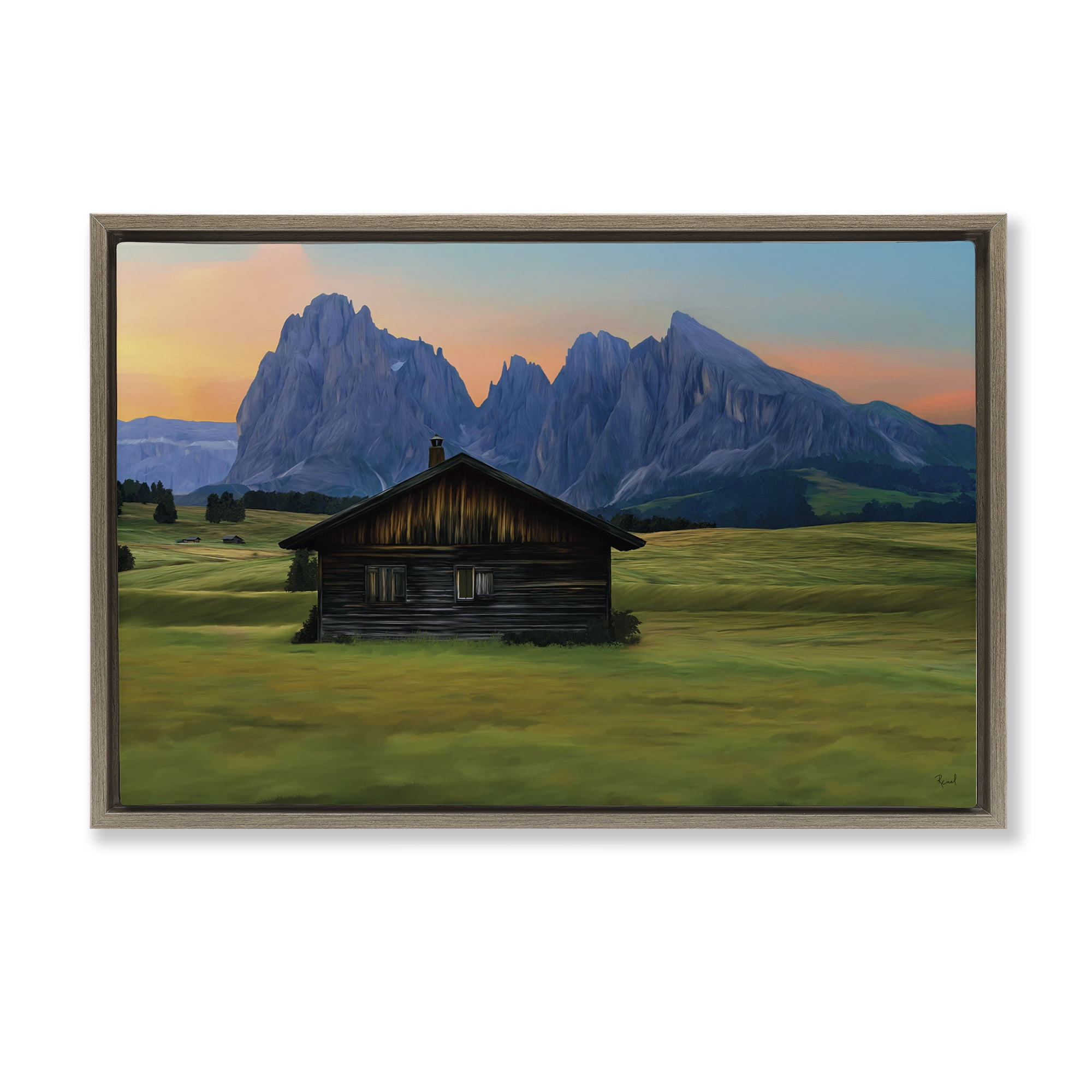 Stupell Industries Solitary Cabin with Looming Cliffs Brown Framed Floater Canvas Wall Art, design by Renel Peters