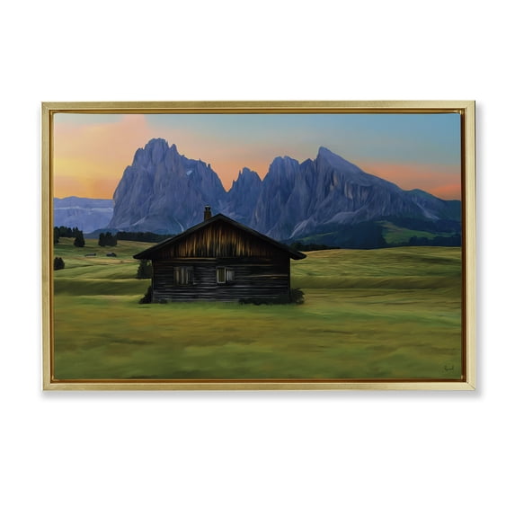 Stupell Industries Farmhouse Solitary Cabin with Looming Cliffs Gold Floating Frame Canvas Art, 25 x 17, by Renel Peters