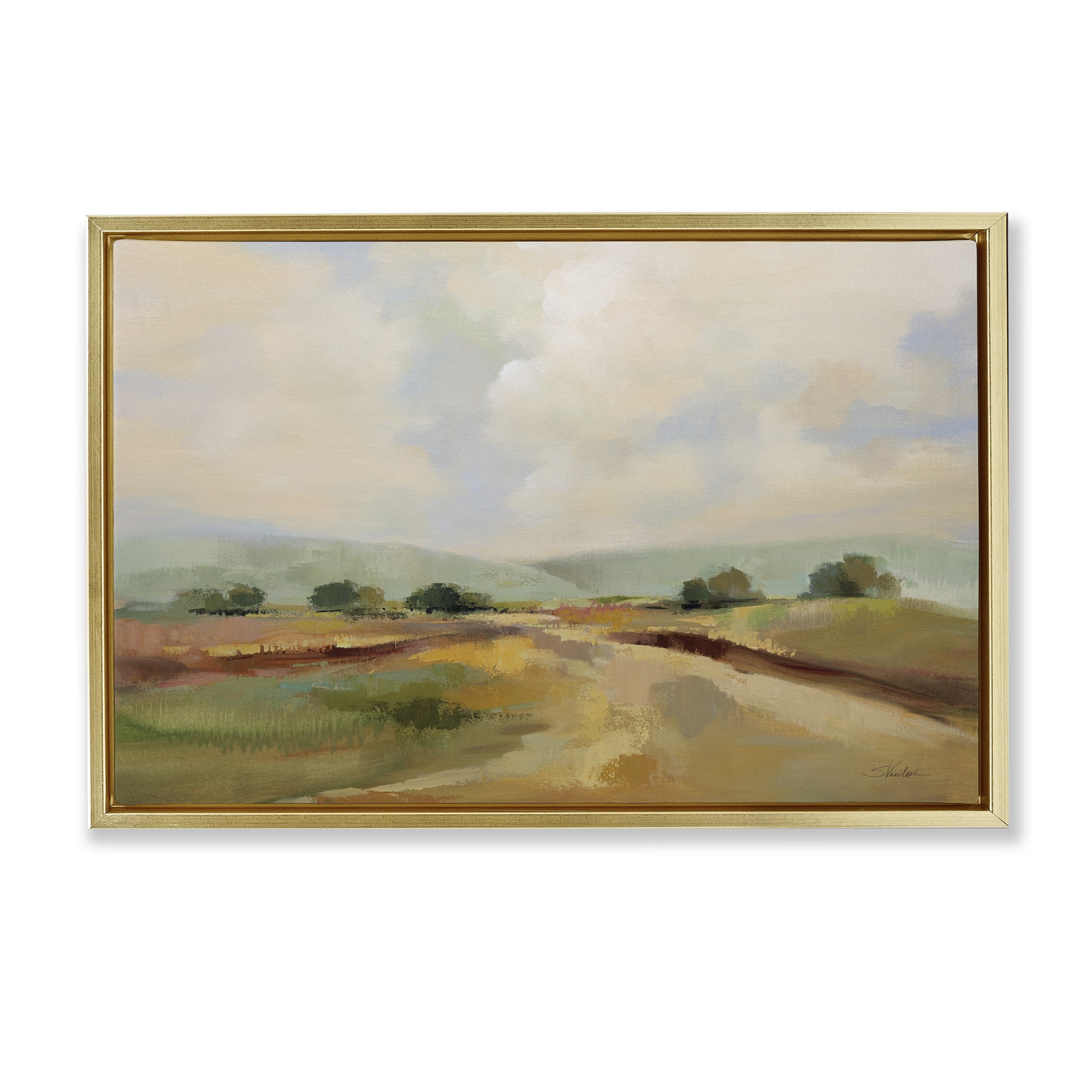 Stupell Industries Solitary Rural Landscape Landscape & Nature Painting Gold Floater Framed Canvas Art Print Wall Art, 25 x 17