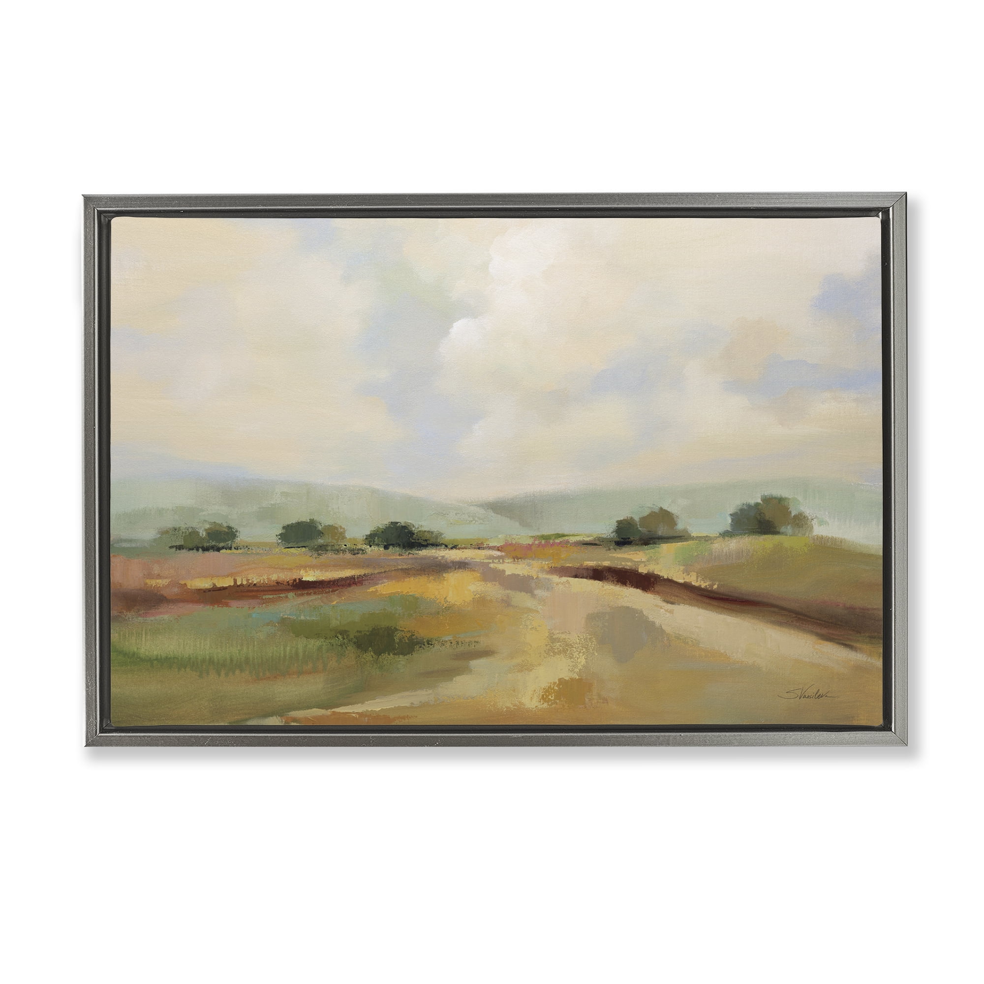 Stupell Industries Solitary Rural Landscape Landscape & Nature Painting Gray Floater Framed Canvas Art Print Wall Art, 25 x 17