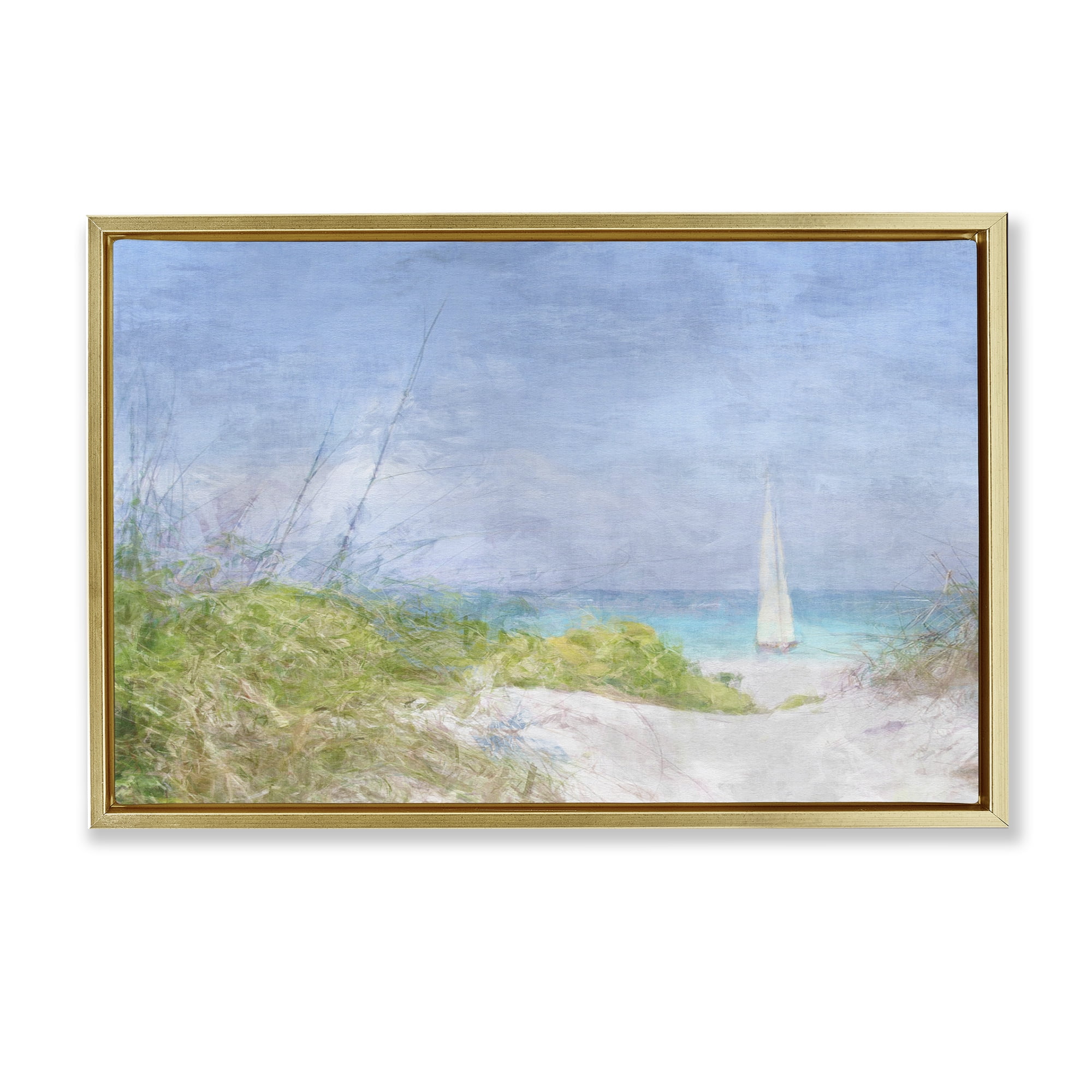 Stupell Industries Solitary Yacht Seascape Coastal Painting Gold Floater Framed Canvas Art Print Wall Art, 25 x 17