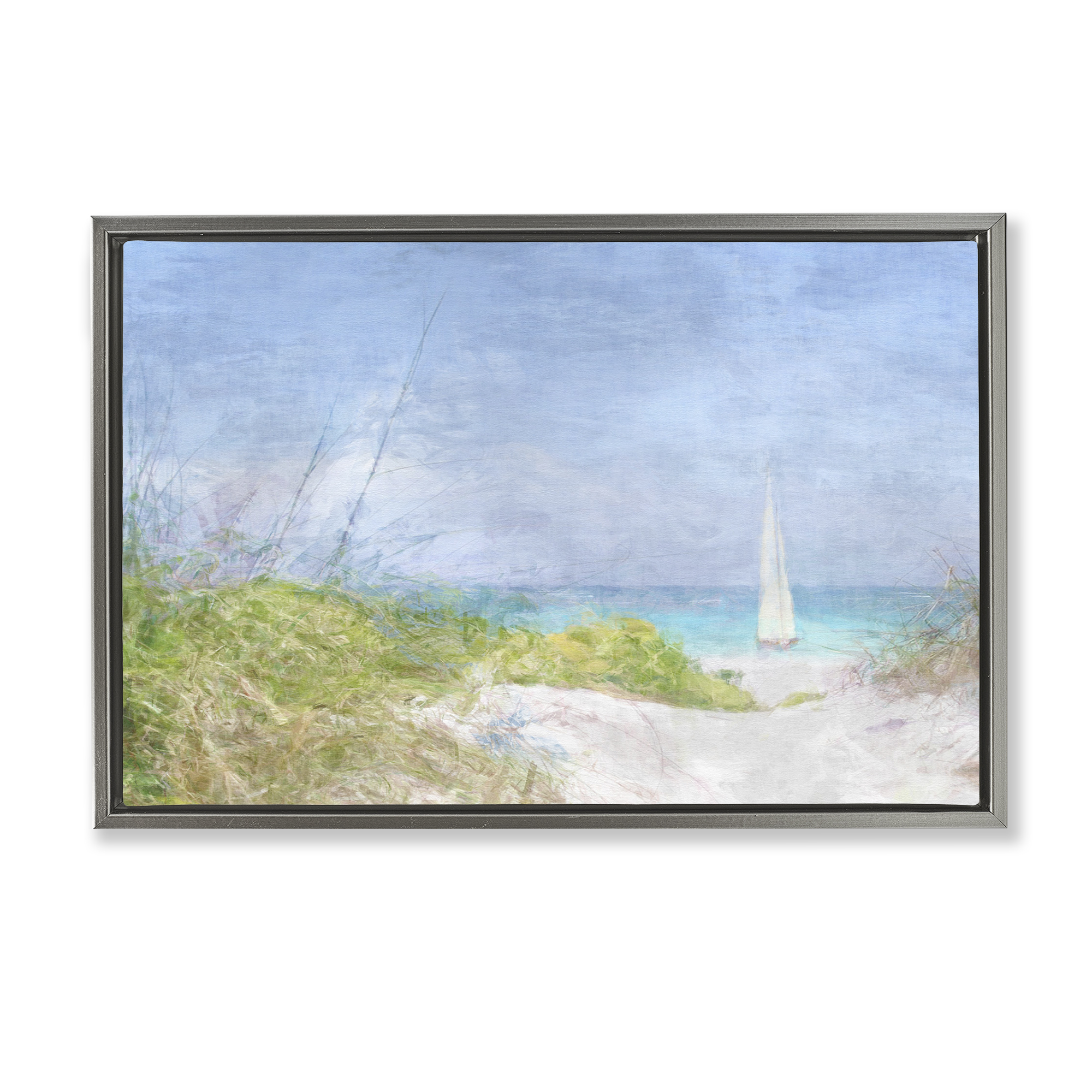 Stupell Industries Solitary Yacht Seascape Coastal Painting Gray Floater Framed Canvas Art Print Wall Art, 25 x 17