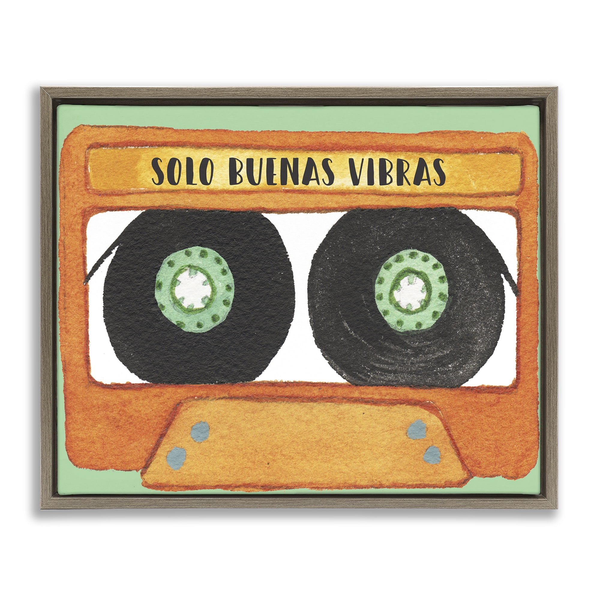 Stupell Industries Solo Buenas Vibras Casete Music Painting Brown Floater Framed Art Print Wall Art, 21 x 17