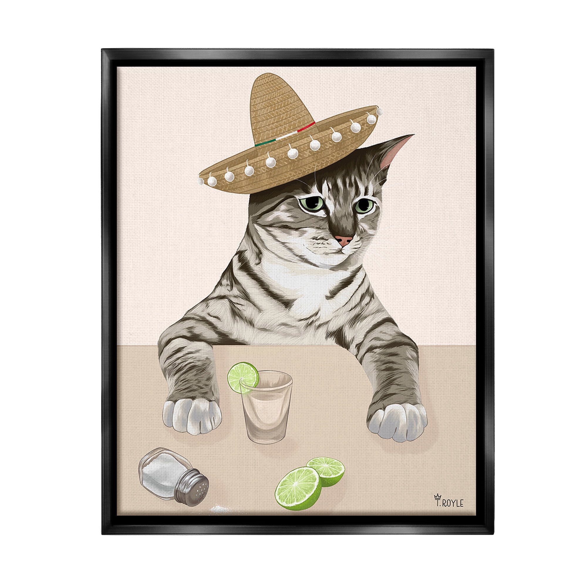 Stupell Industries Sombrero Cat & Cocktail Animals & Insects Painting Black Floater Framed Canvas Art Print Wall Art, 25 x 31