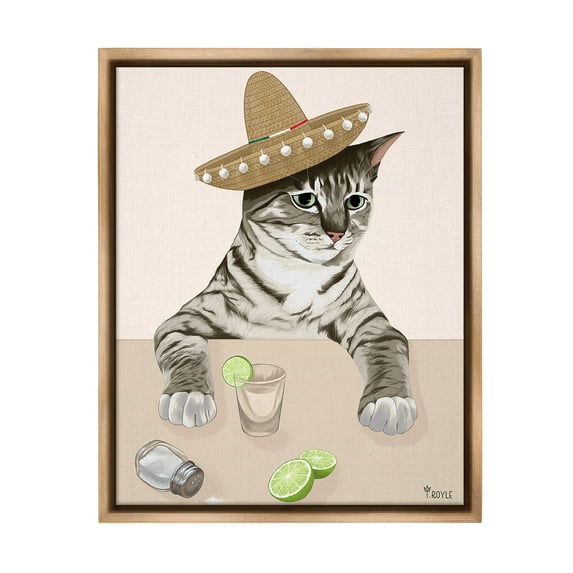 Stupell Industries Sombrero Cat & Cocktail Animals & Insects Painting Brown Floater Framed Canvas Art Print Wall Art, 25 x 31