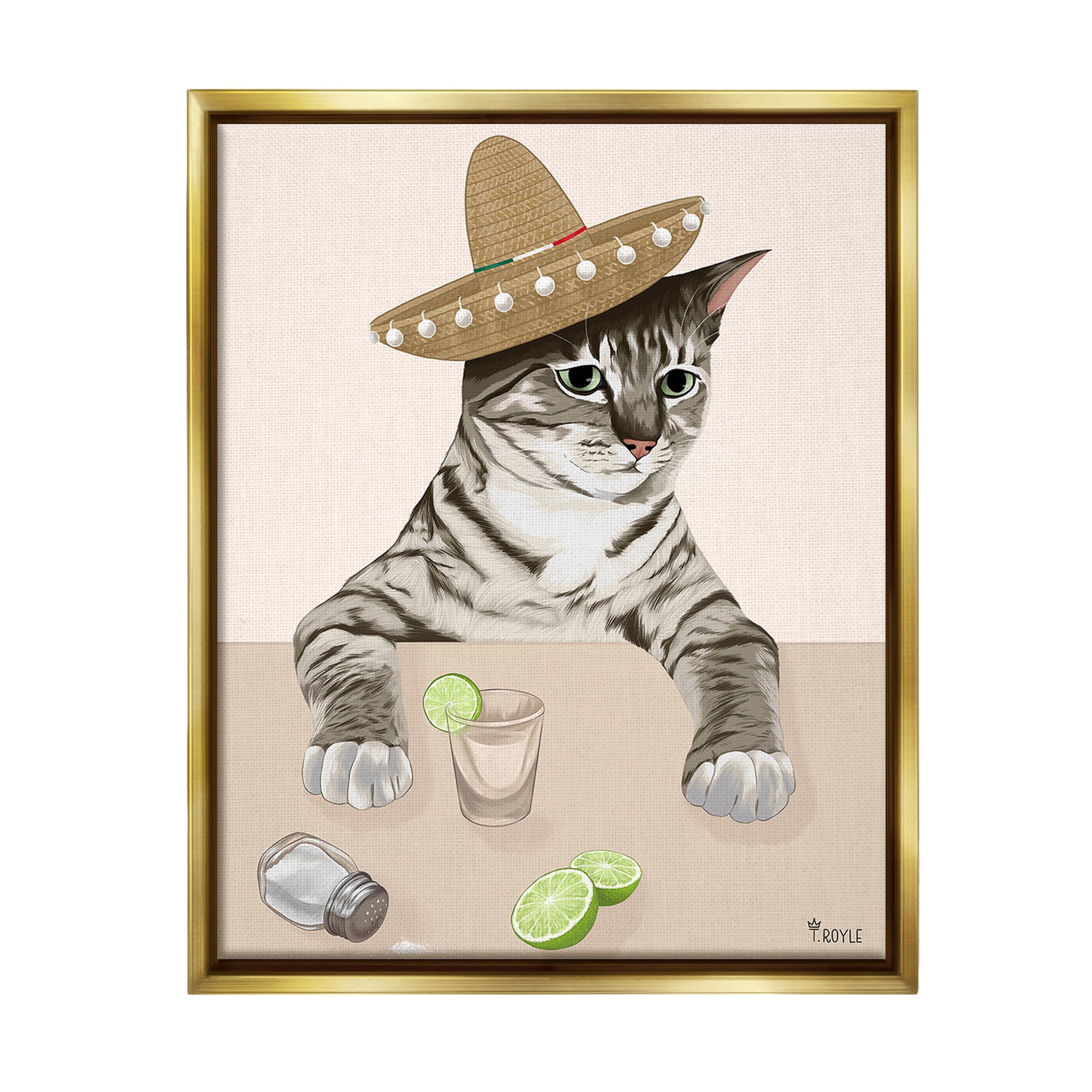 Stupell Industries Sombrero Cat & Cocktail Animals & Insects Painting Gold Floater Framed Canvas Art Print Wall Art, 17 x 21