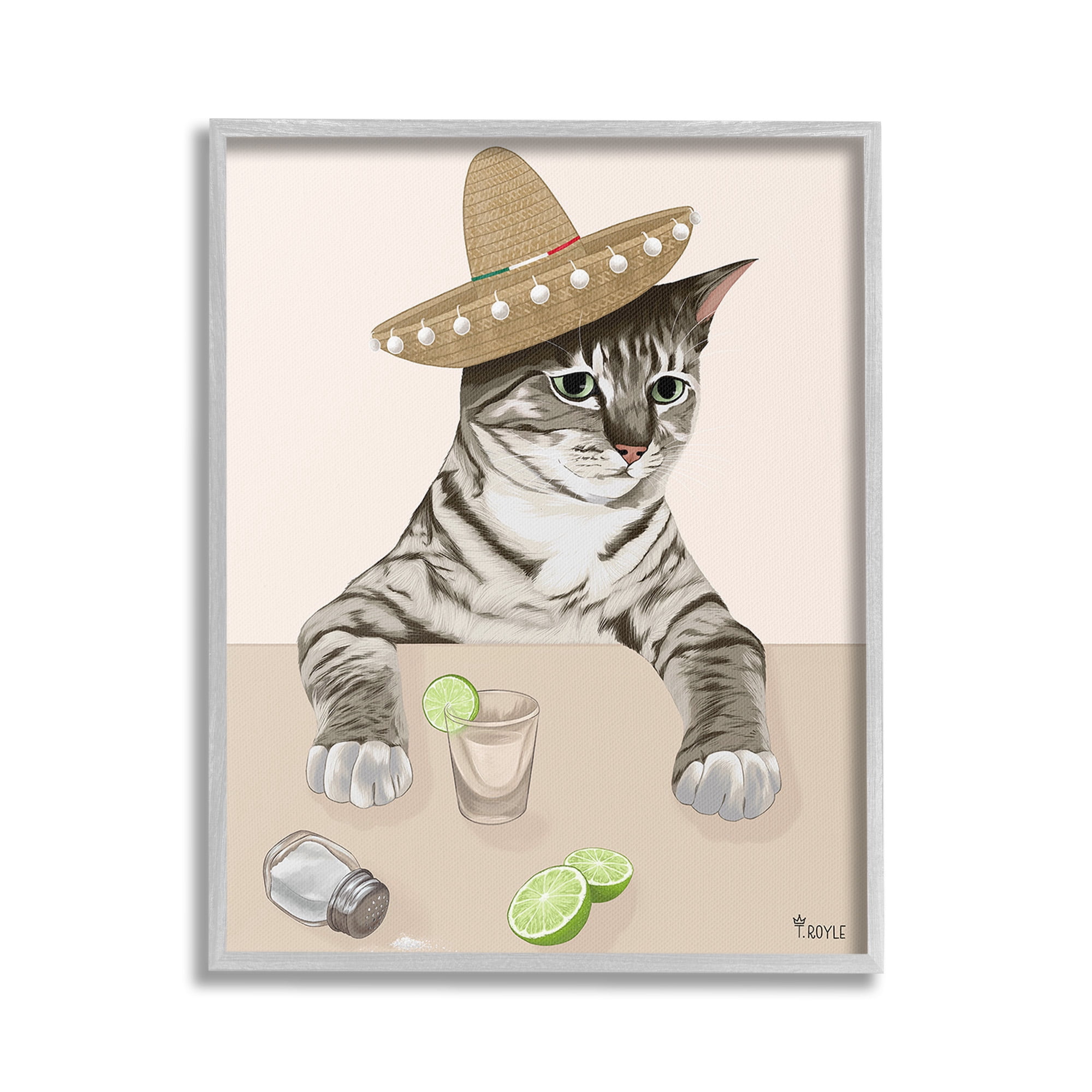 Stupell Industries Sombrero Cat & Cocktail Animals & Insects Painting Gray Framed Art Print Wall Art, 24 x 30