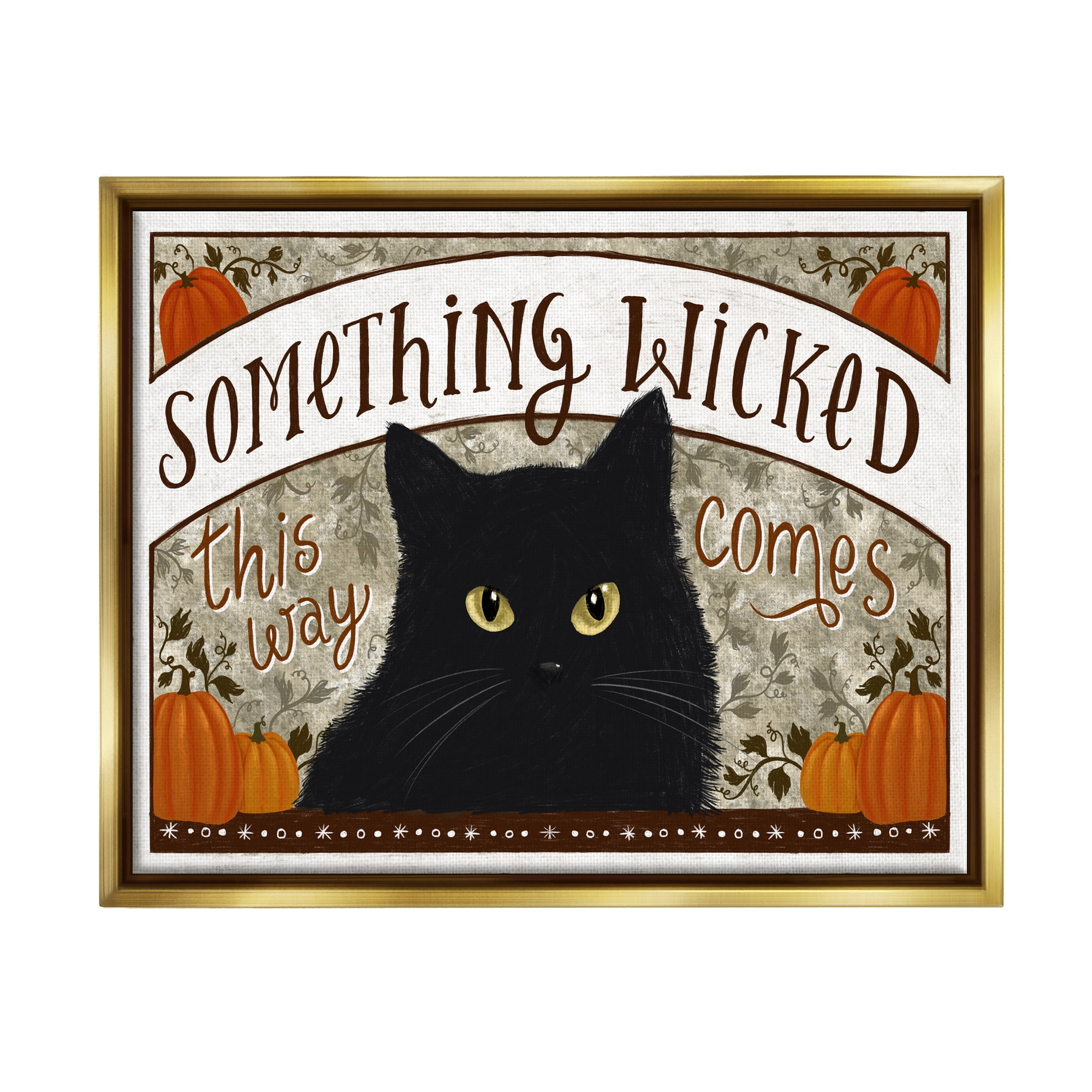 Stupell Industries Something Wicked Black Cat Holiday Painting Gold Floater Framed Canvas Art Print Wall Art, 21 x 17