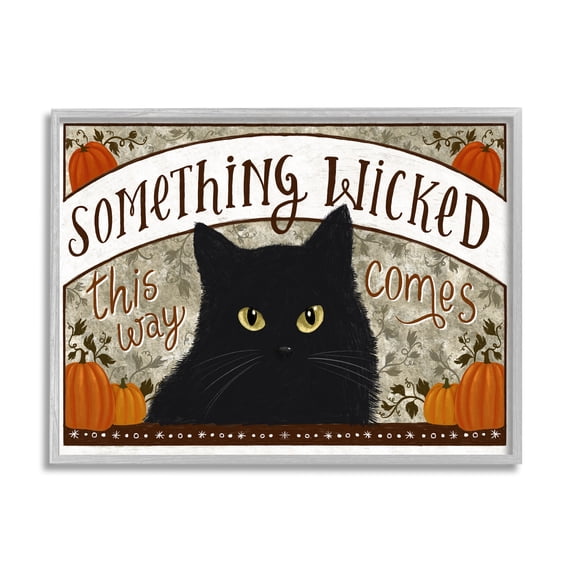 Stupell Industries Something Wicked Black Cat Holiday Painting Gray Framed Art Print Wall Art, 14 x 11