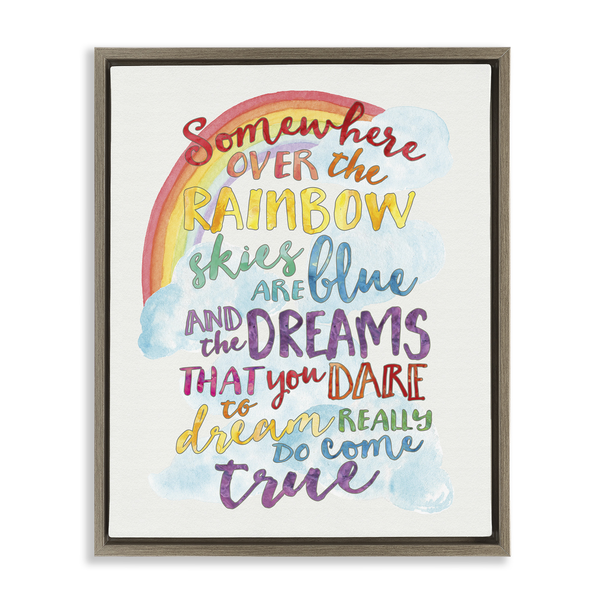 Stupell Industries Somewhere Over the Rainbow With Rainbow Art for Kids Painting Brown Floater Framed Canvas Art Print Wall Art, 25 x 31