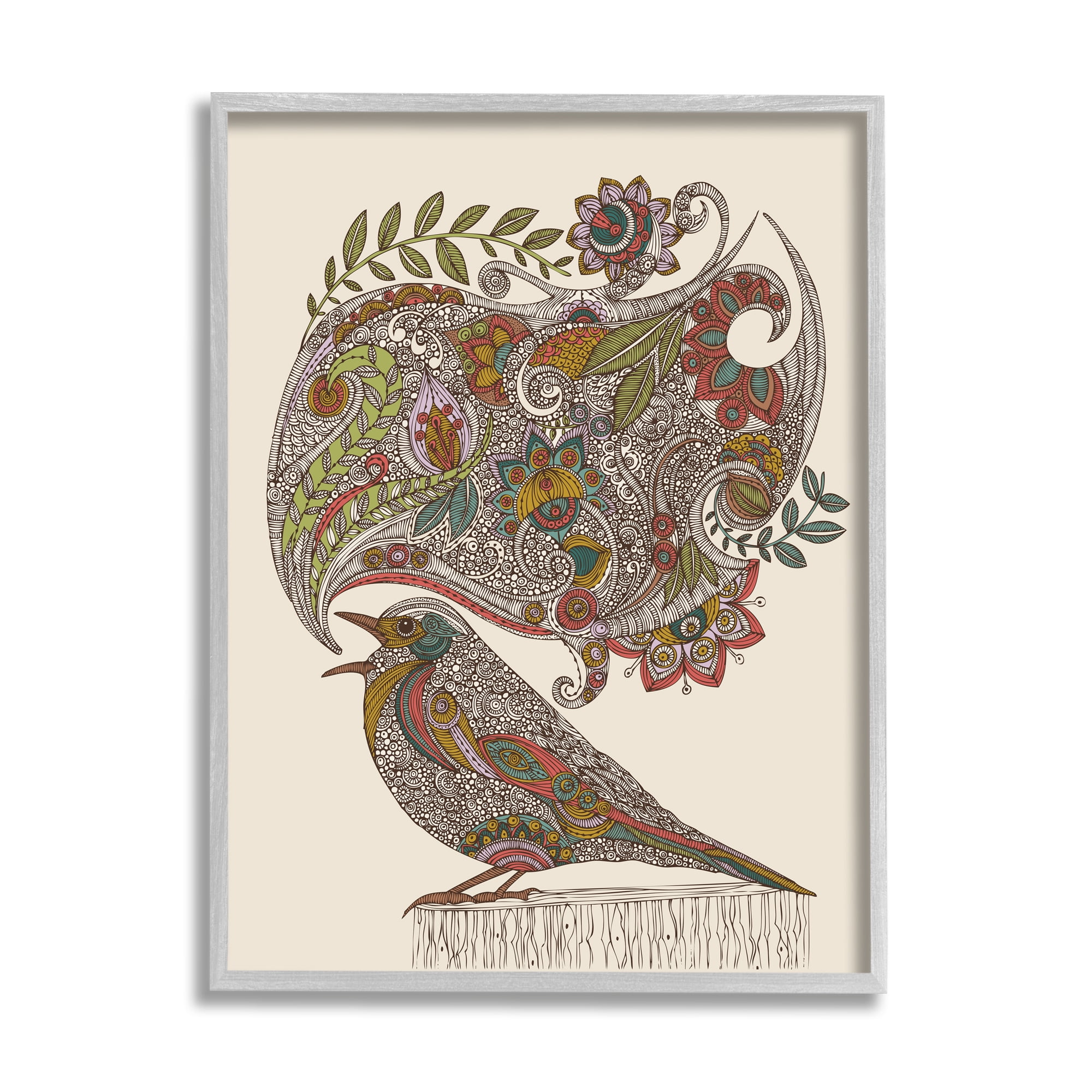Stupell Industries Song Bird Complex Paisley Patterns Botanical Leaves Graphic Art Gray Framed Art Print Wall Art, Design by Valentina Harper