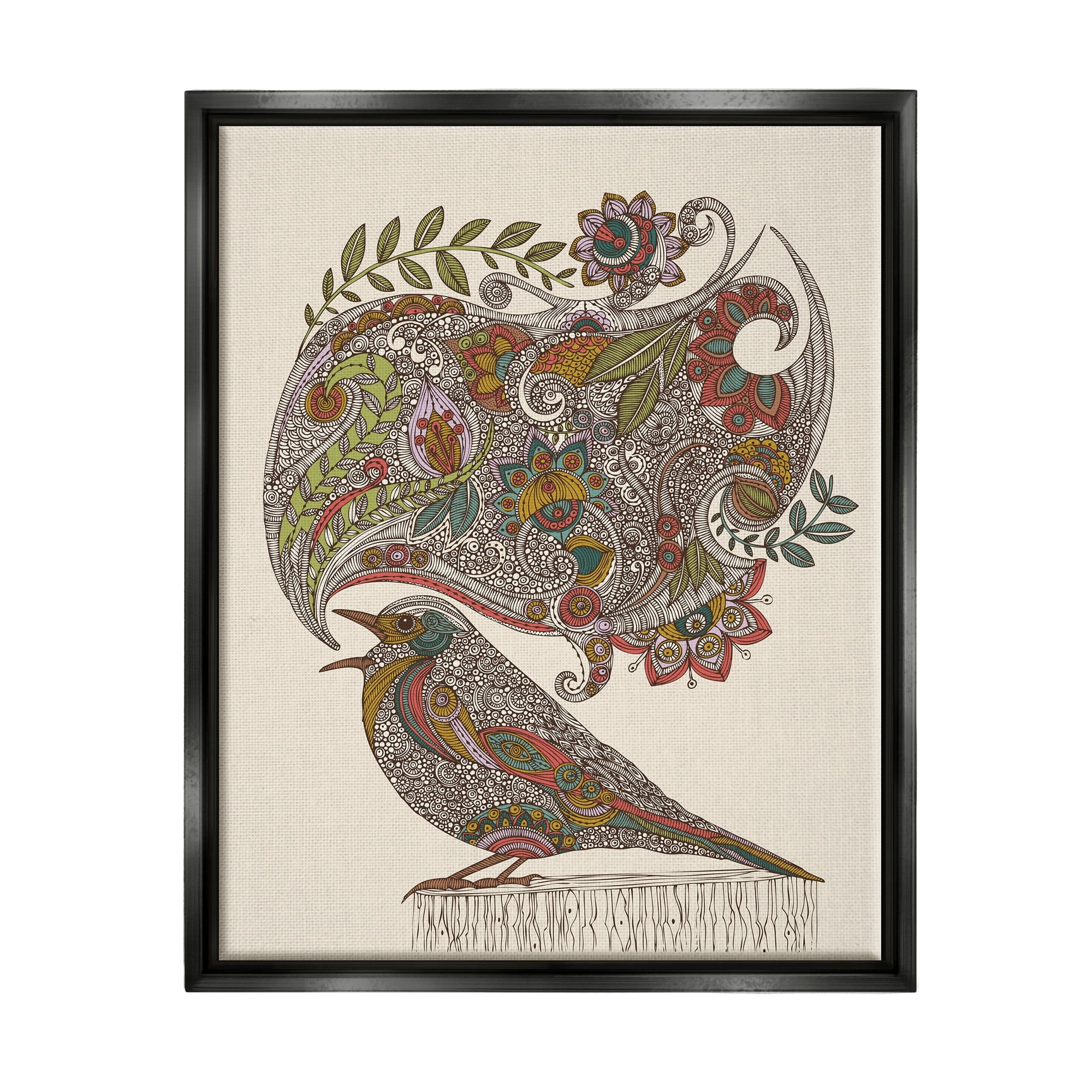Stupell Industries Song Bird Complex Paisley Patterns Botanical Leaves Graphic Art Jet Black Floating Framed Canvas Print Wall Art, Design by Valentina Harper