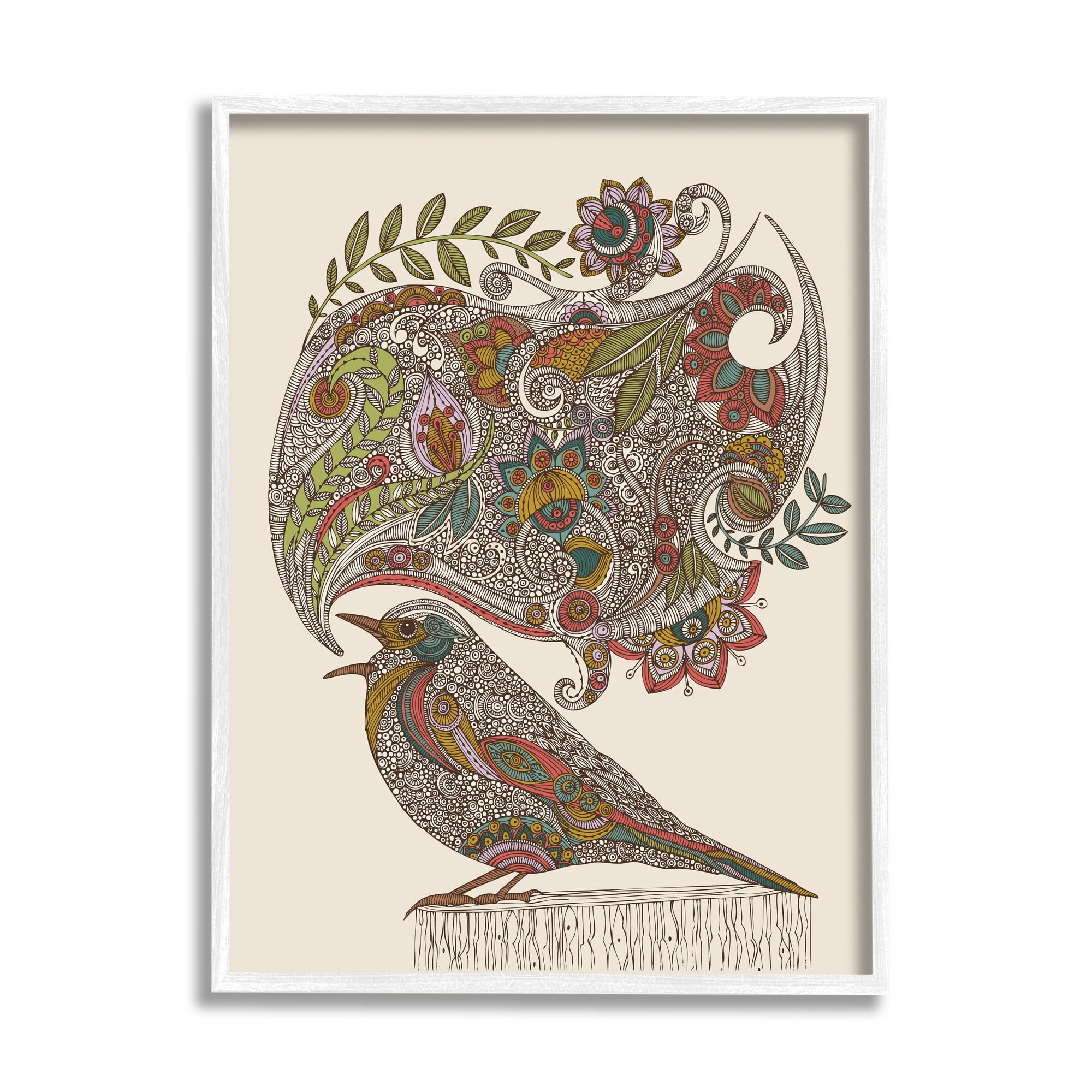 Stupell Industries Song Bird Complex Paisley Patterns Botanical Leaves Graphic Art White Framed Art Print Wall Art, Design by Valentina Harper