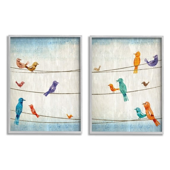 Stupell Industries Song Birds on the Line Musical Scale Detail Framed Wall Art Design by Kim Allen, 2 Piece, 11" x 14", Gray Framed