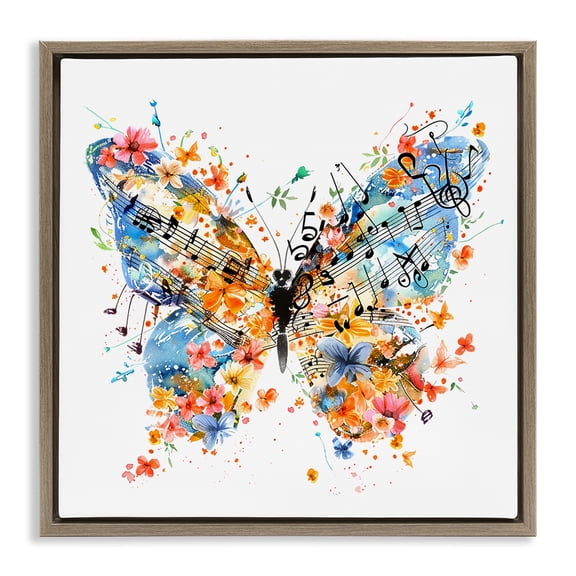 Stupell Industries Song Notes Butterfly Insects Painting Brown Floater Framed Canvas Art Print Wall Art, 25 x 25