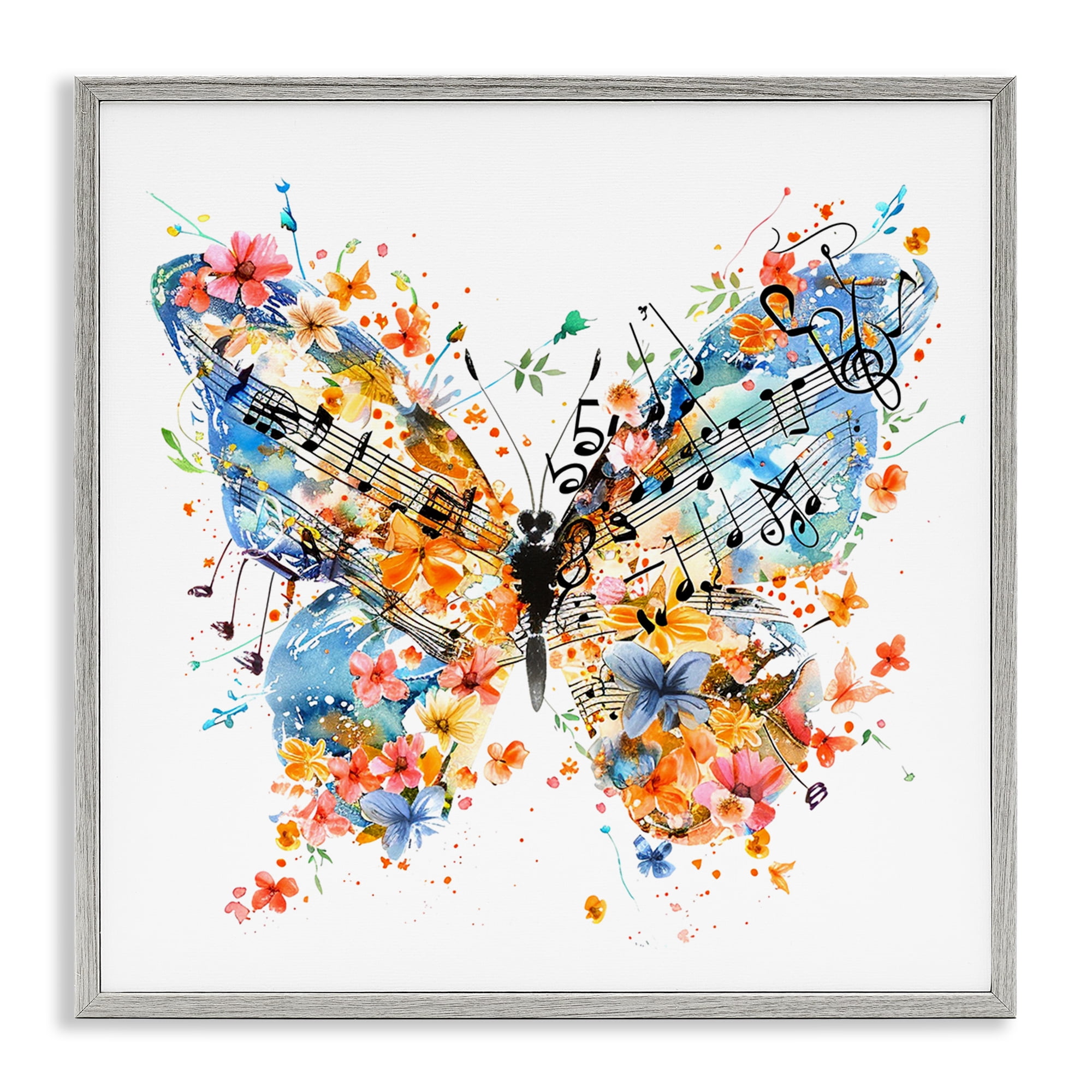 Stupell Industries Song Notes Butterfly Insects Painting Gray Framed Art Print Wall Art, 24 x 24