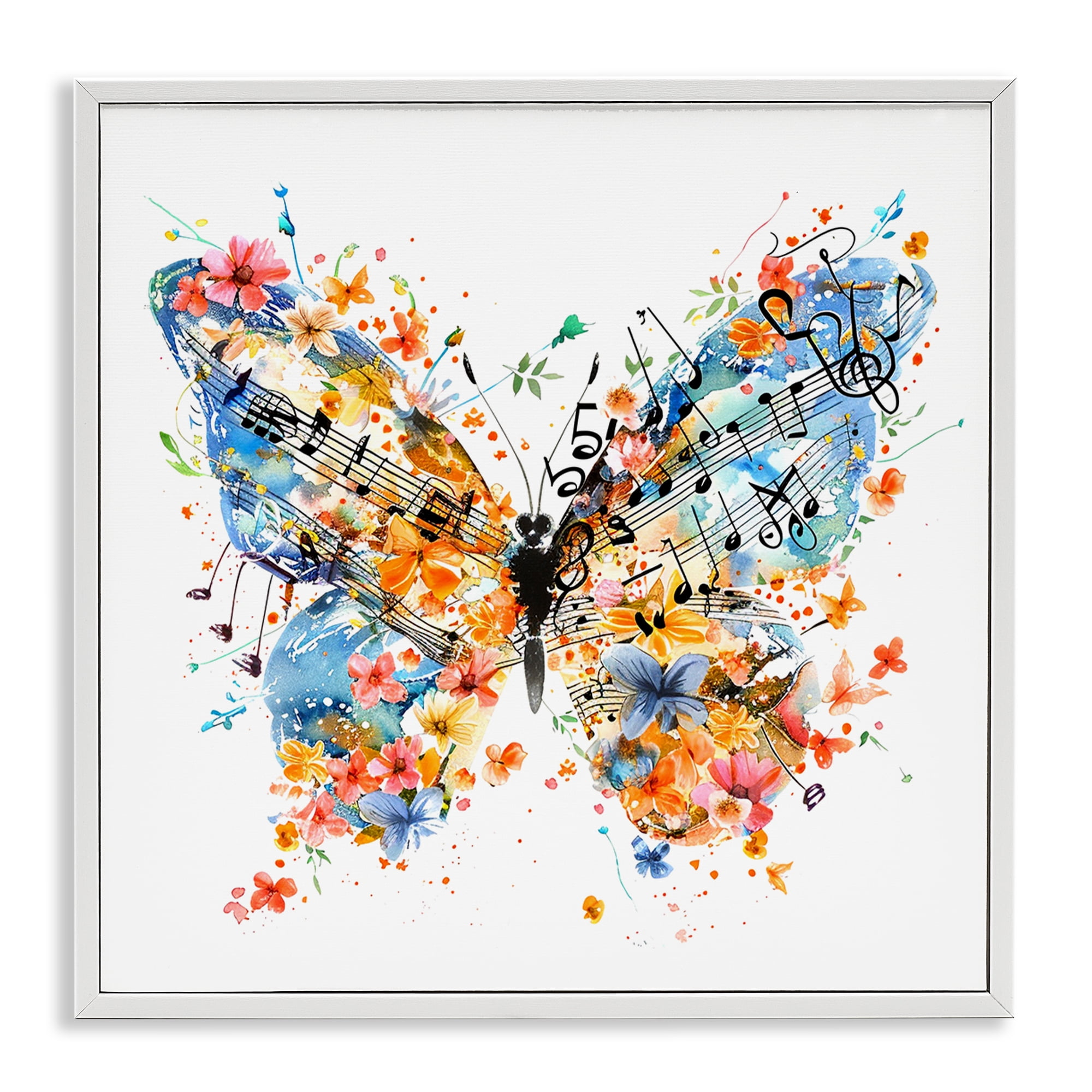 Stupell Industries Song Notes Butterfly Insects Painting White Framed Art Print Wall Art, 24 x 24
