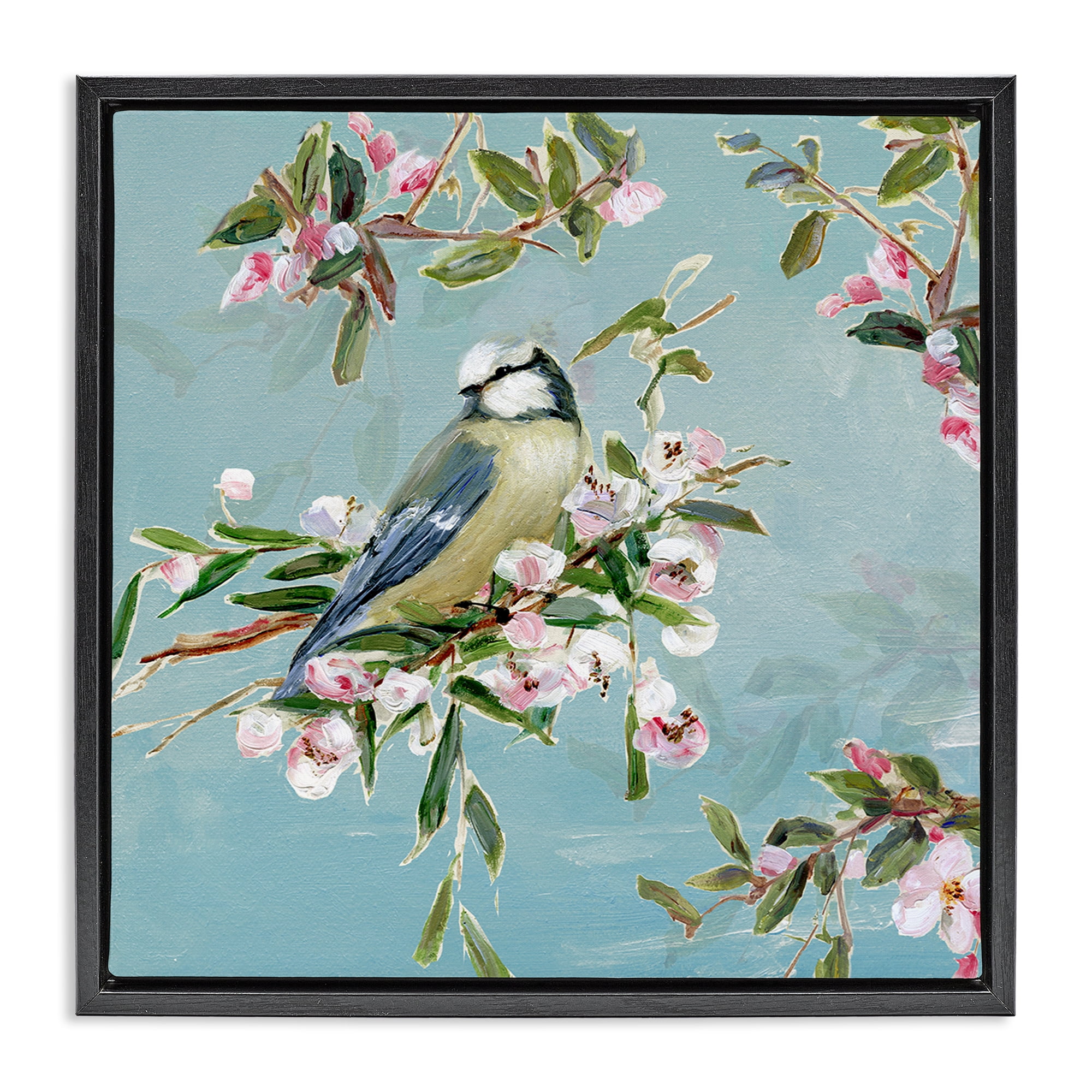 Stupell Industries Songbird Perched on Blooms Black Framed Floater Canvas Wall Art, design by Sally Swatland