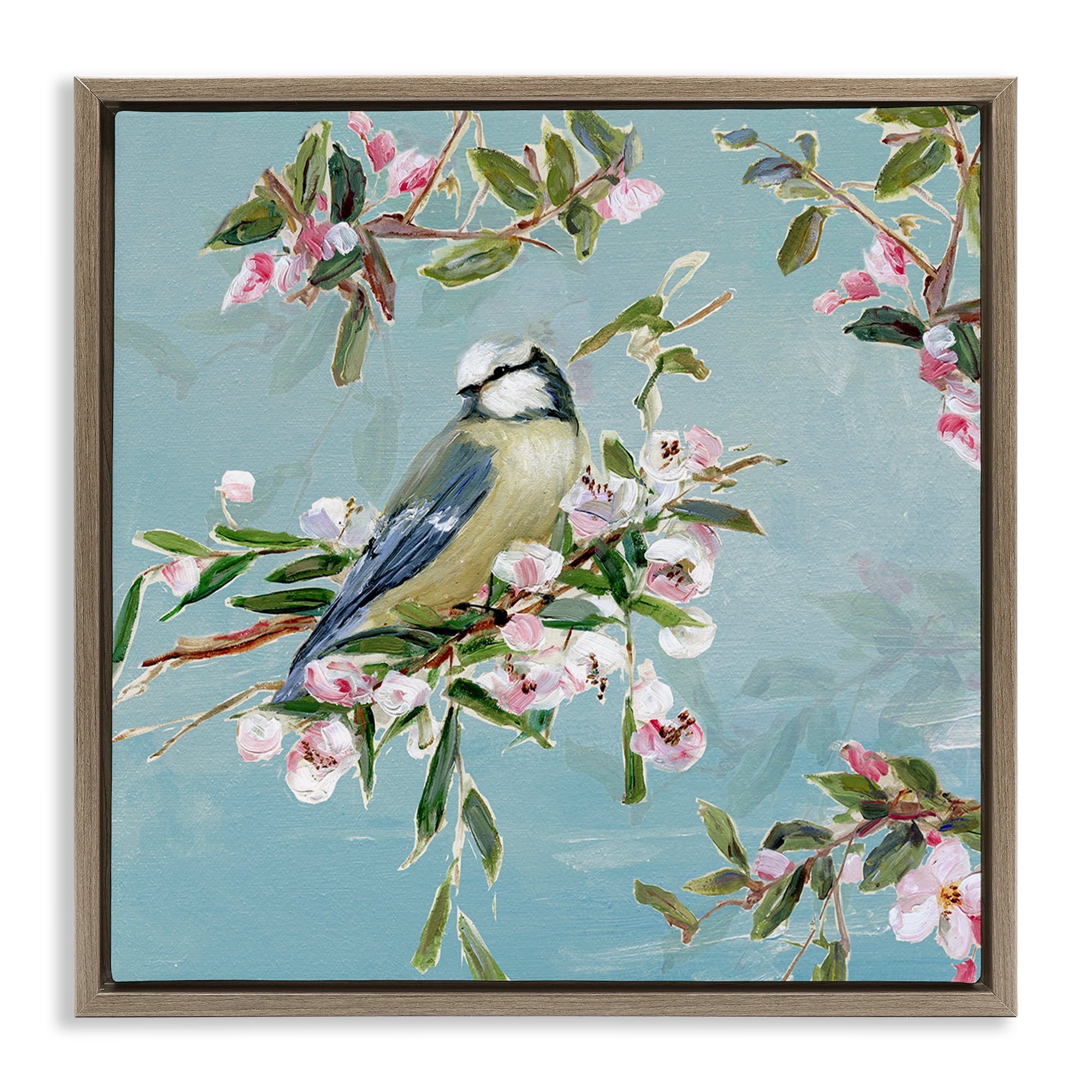 Stupell Industries Songbird Perched on Blooms Brown Framed Floater Canvas Wall Art, design by Sally Swatland