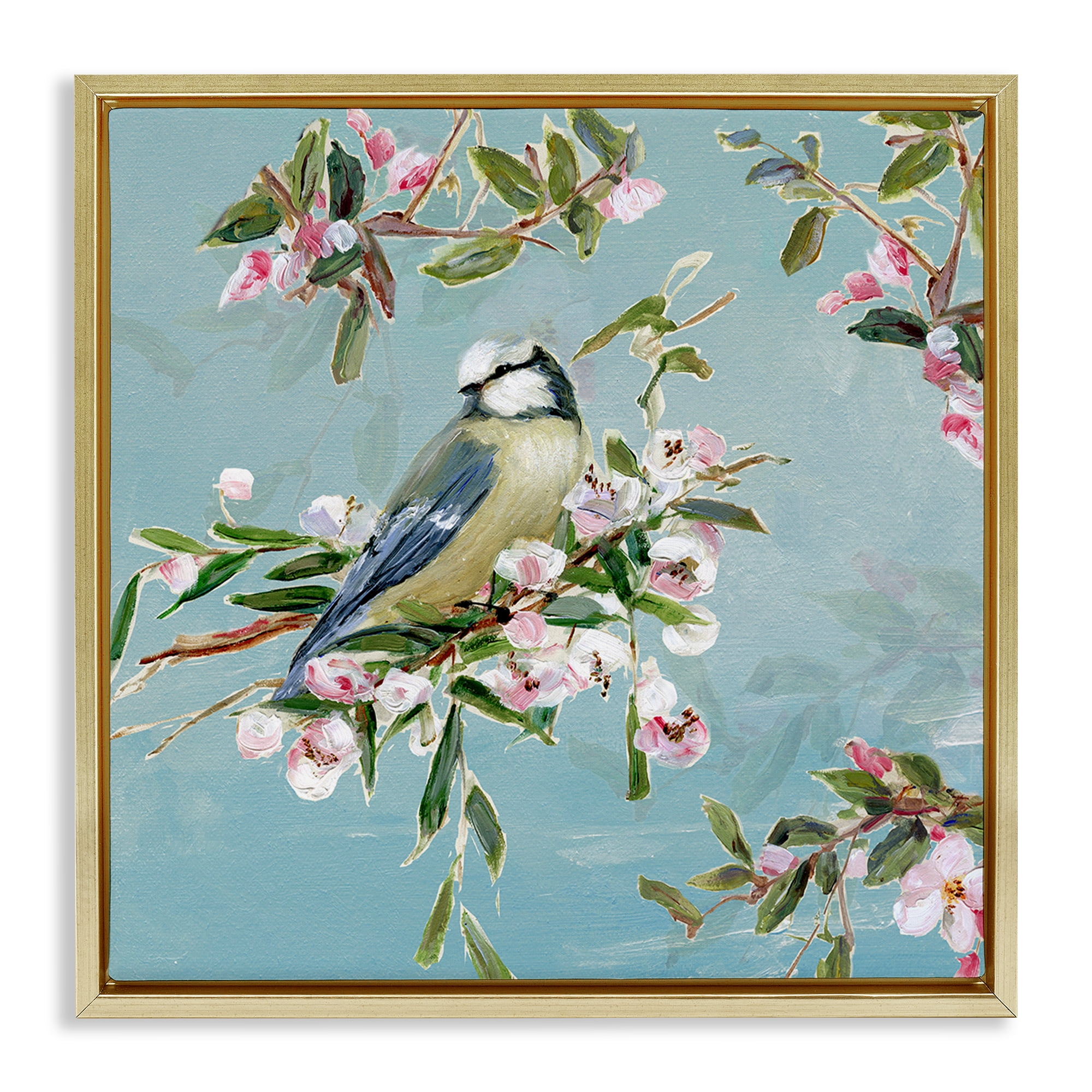 Stupell Industries Songbird Perched on Blooms Gold Framed Floater Canvas Wall Art, design by Sally Swatland