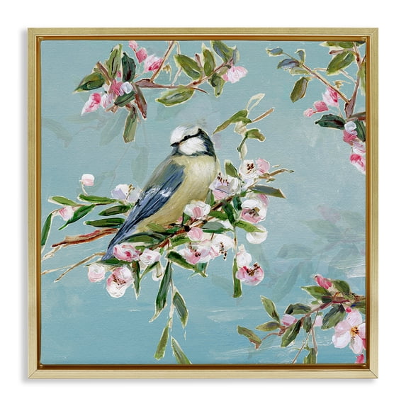 Stupell Industries Traditional Songbird Perched on Blooms Gold Floating Frame Canvas Art, 25 x 25, by Sally Swatland