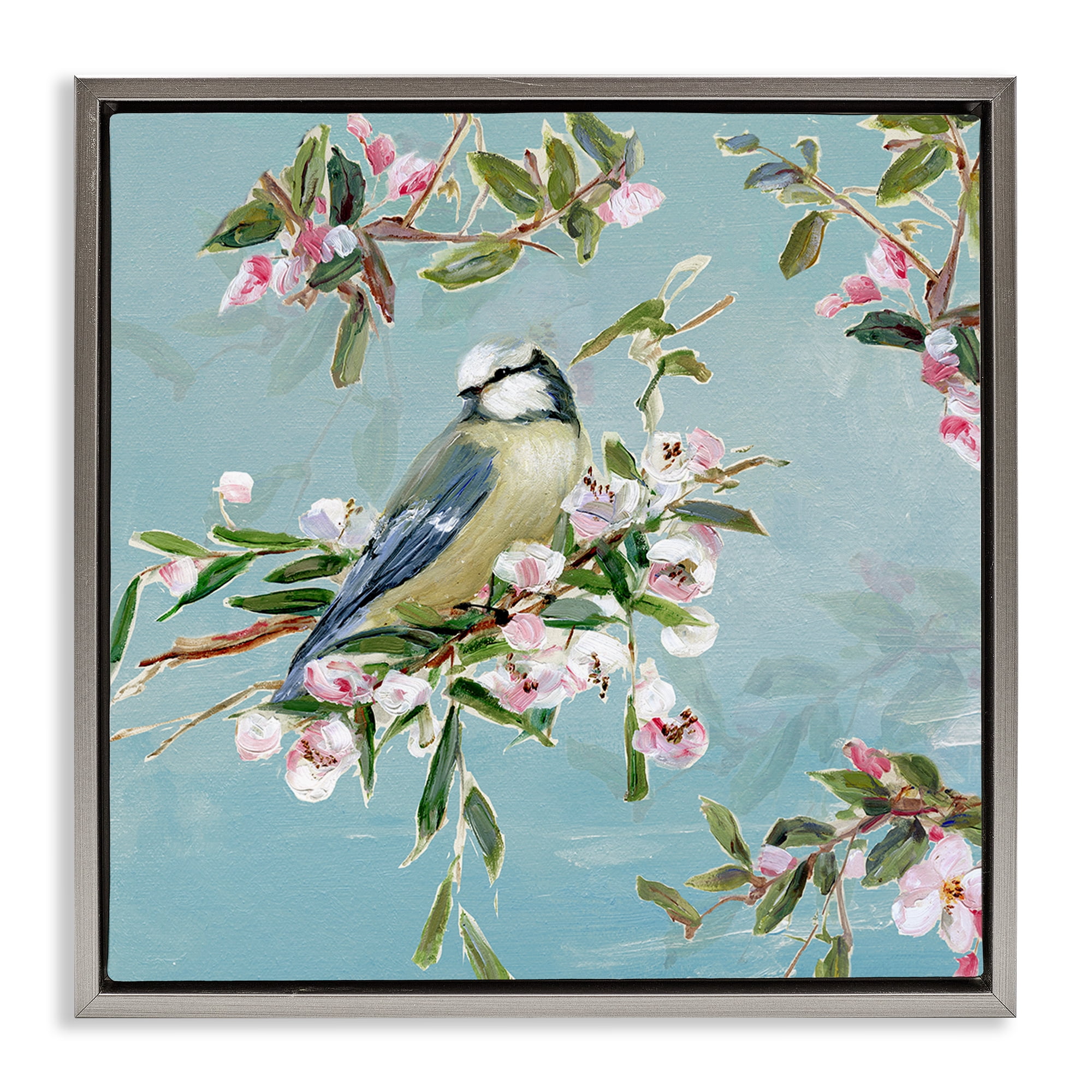Stupell Industries Songbird Perched on Blooms Gray Framed Floater Canvas Wall Art, design by Sally Swatland