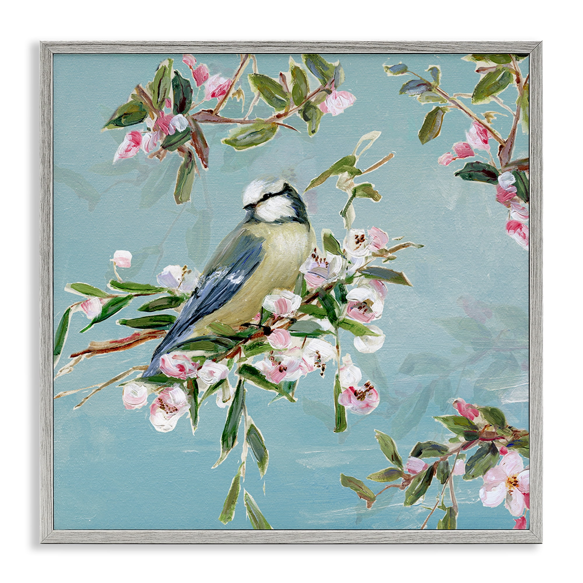 Stupell Industries Songbird Perched on Blooms Gray Framed Giclee Art, design by Sally Swatland