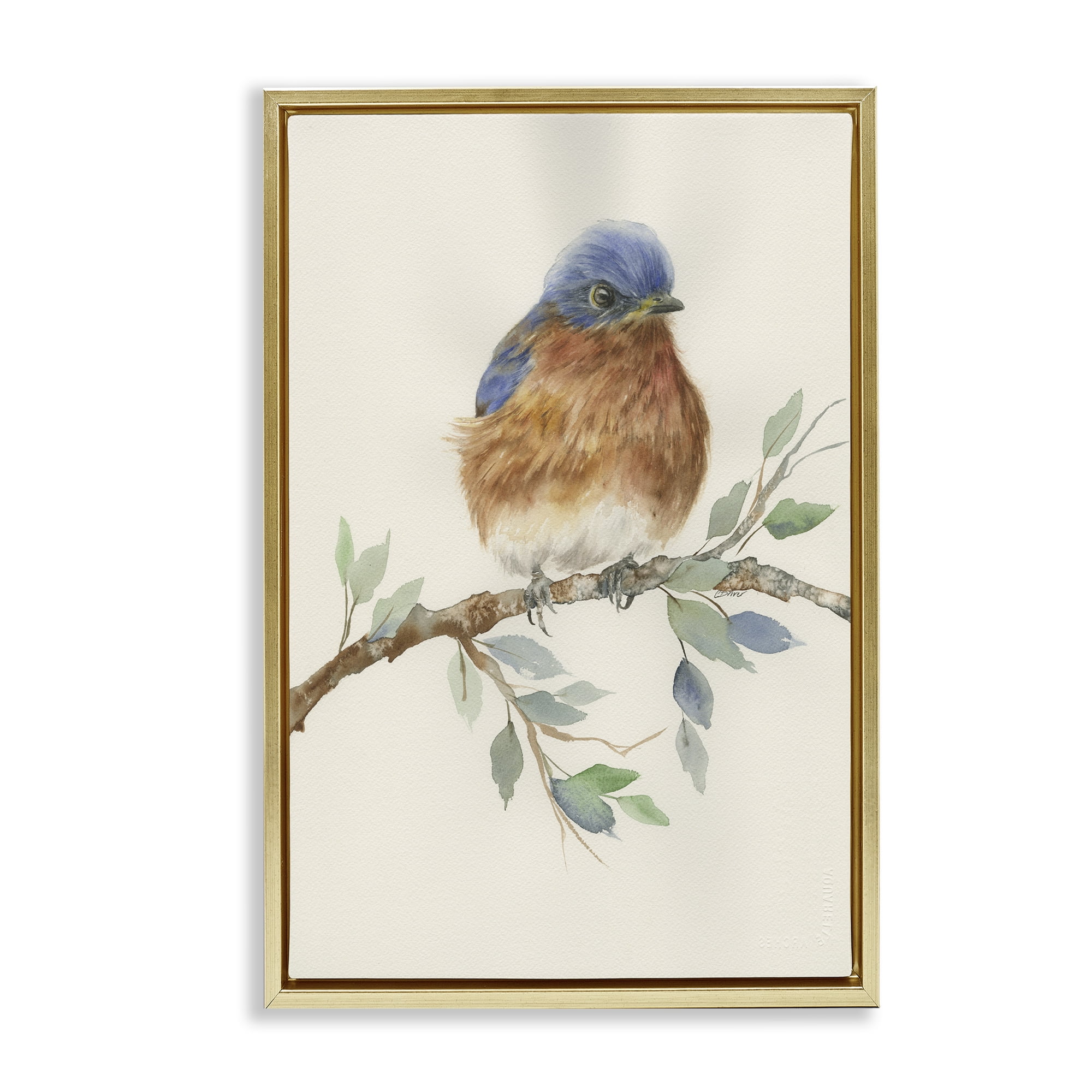 Stupell Industries Songbird Perched on Branch Gold Framed Floater Canvas Wall Art, design by Cady Driver