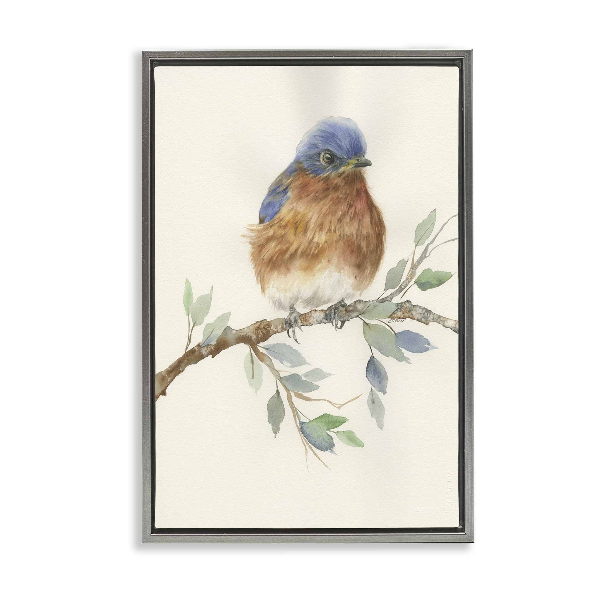 Stupell Industries Songbird Perched on Branch Gray Framed Floater Canvas Wall Art, design by Cady Driver